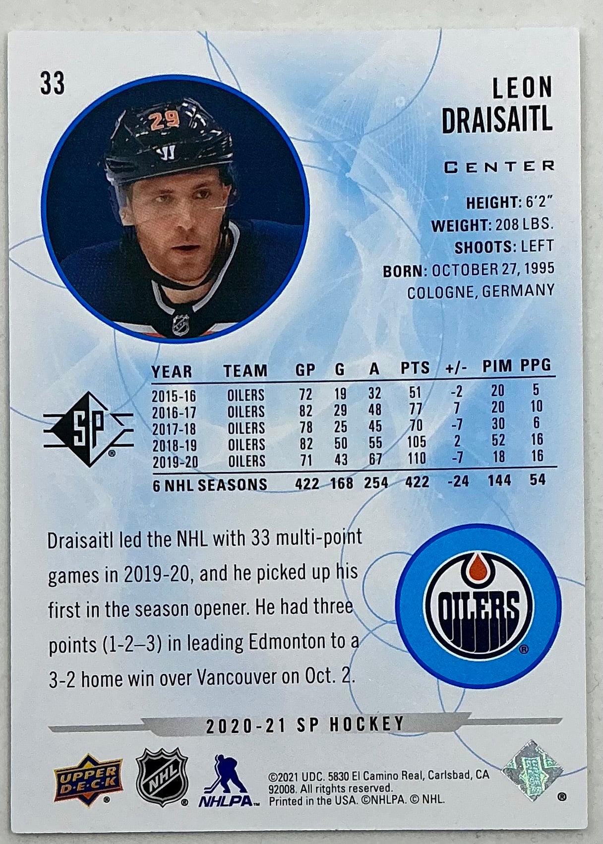 2020-2021 SP Authentic Leon Draisaitl #33 [Blue]