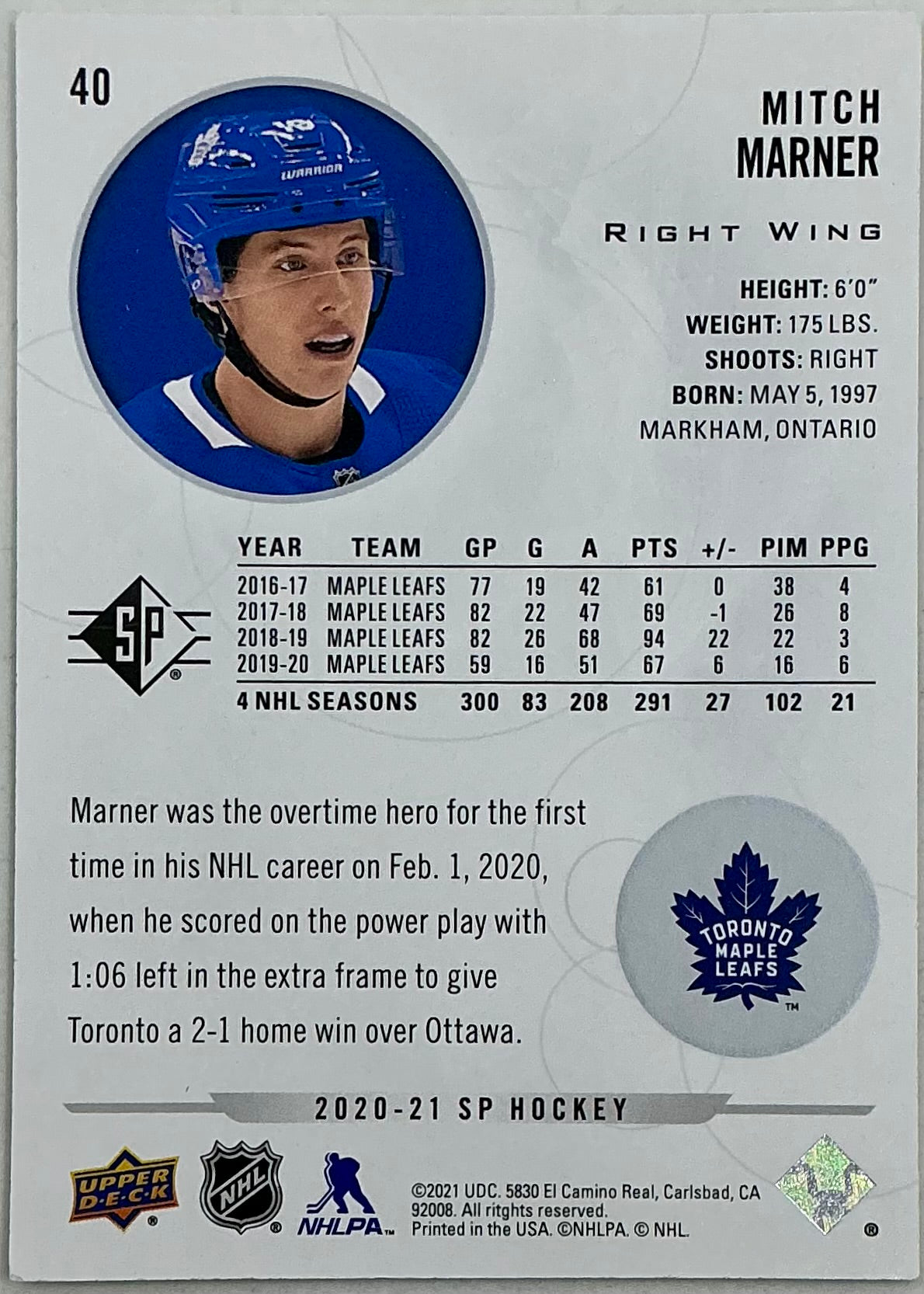 2020-2021 SP Authentic Mitch Marner #40