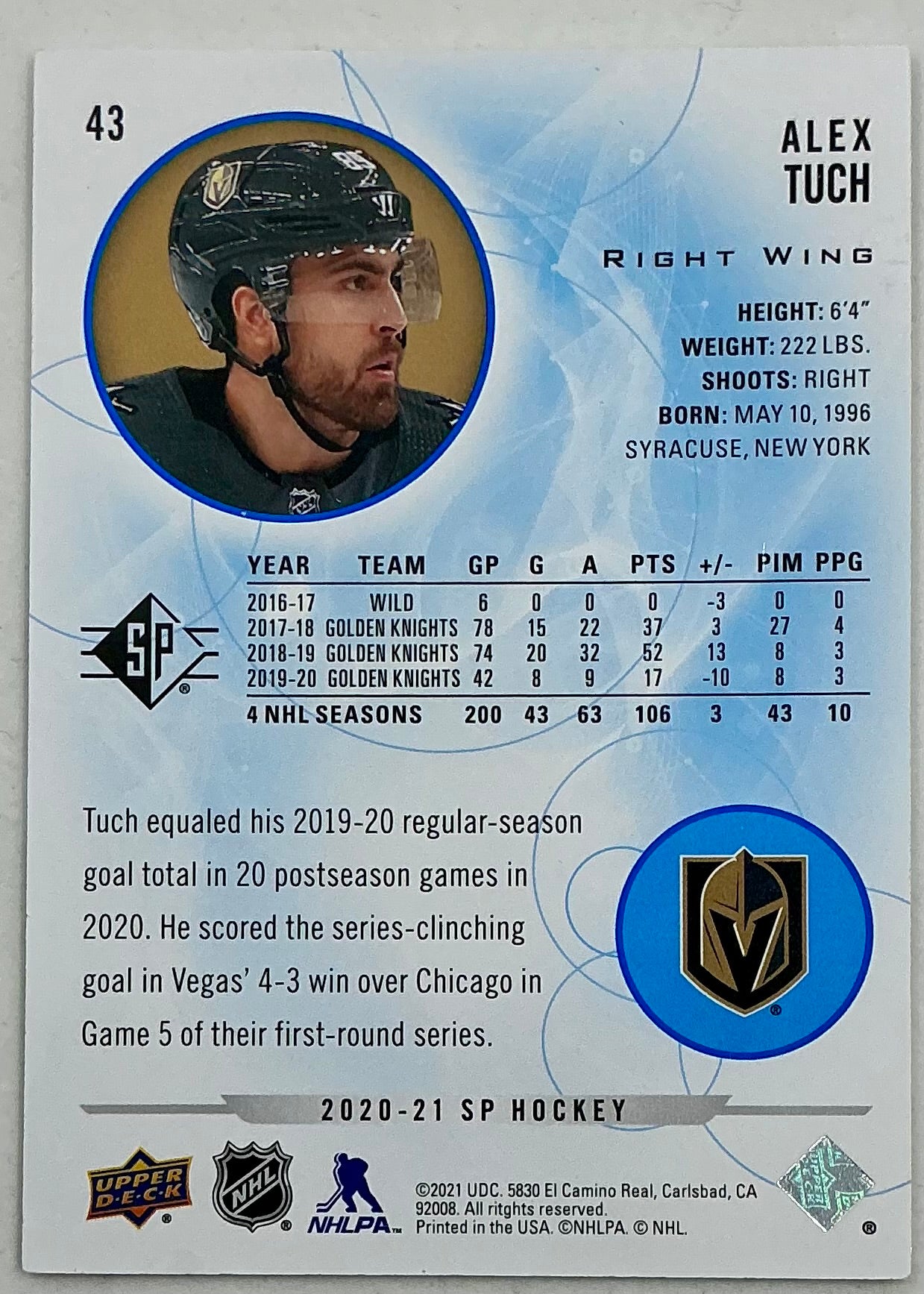 2020-2021 SP Authentic Alex Tuch #43 [Blue]