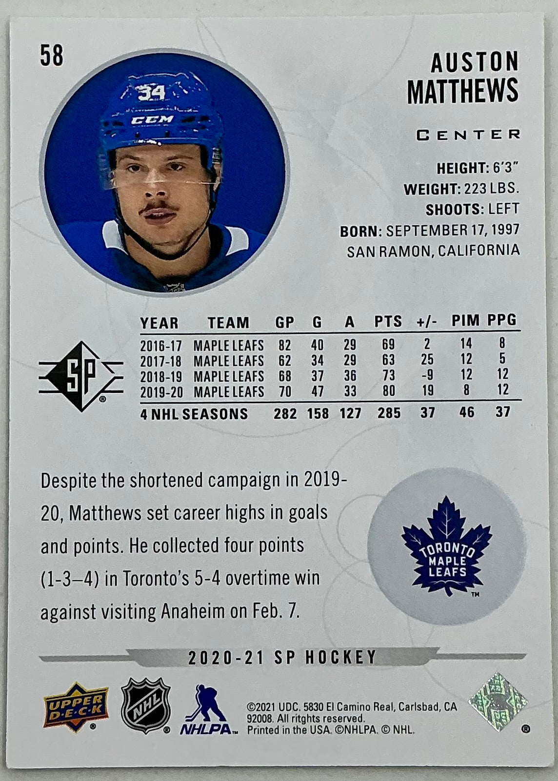 2020-2021 SP Authentic Auston Matthews #58