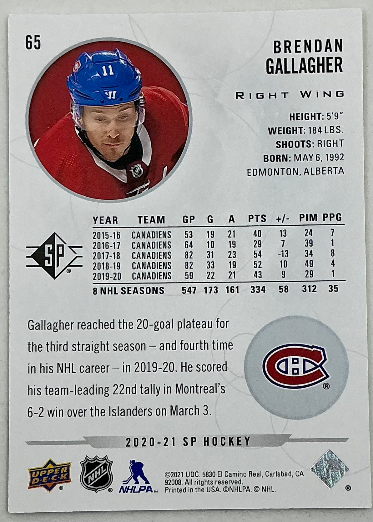 2020-2021 SP Authentic Brendan Gallagher #65