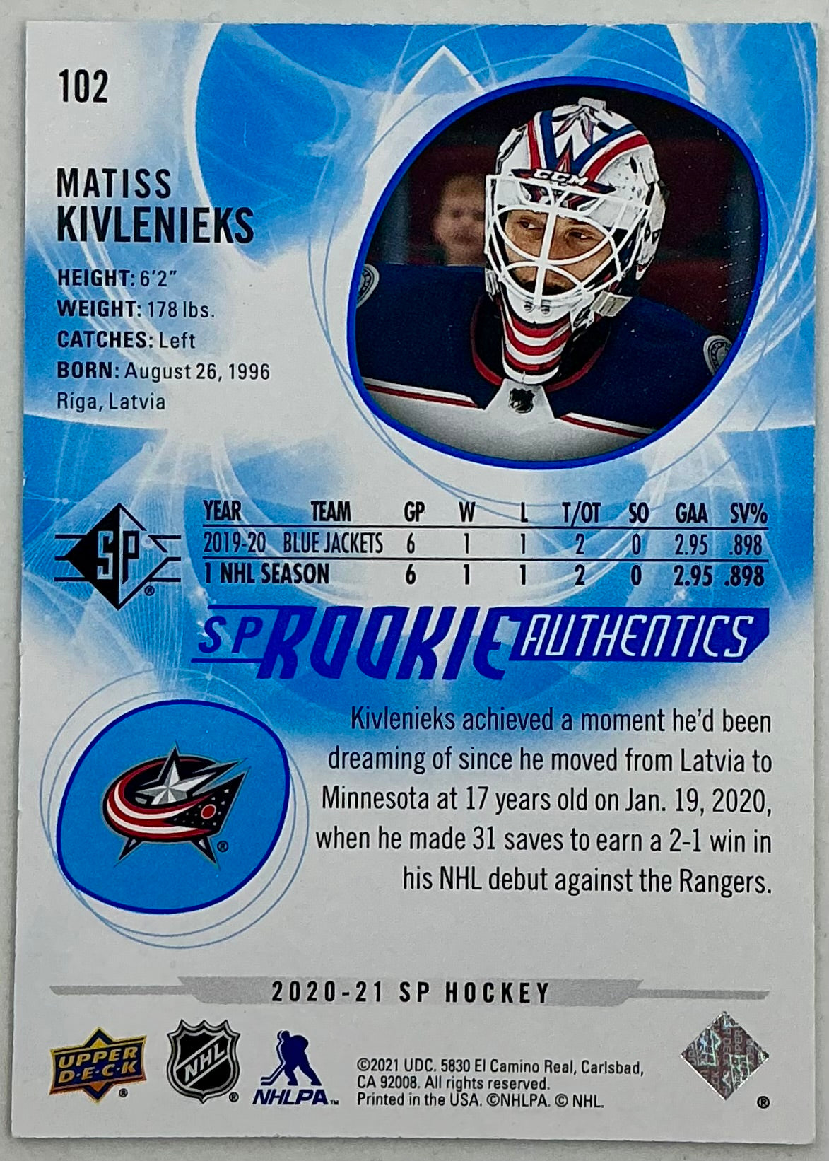 2020-2021 SP Rookie Authentic Mattis Kivlenieks #102 [Blue]