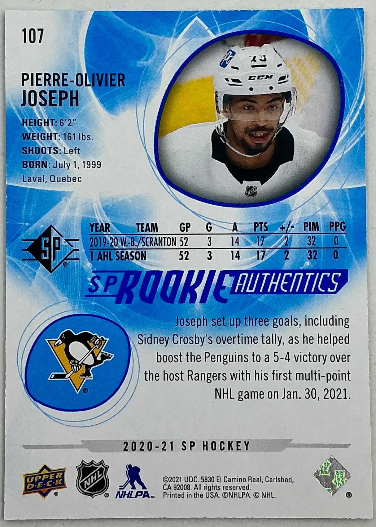 2020-2021 SP Rookie Authentic Pierre-Olivier Joseph #107 [Blue]