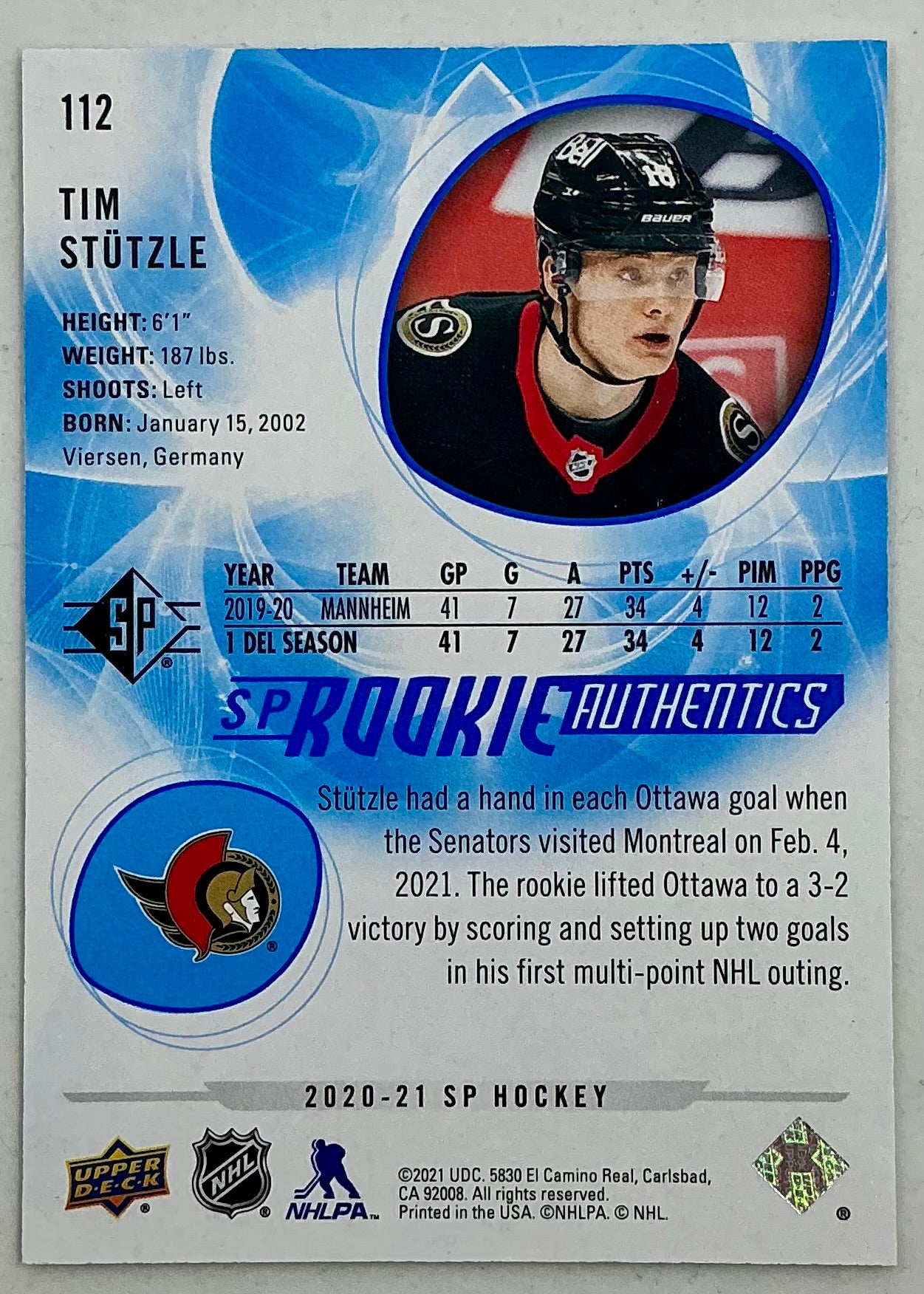 2020-2021 SP Rookie Authentic Tim Stützle #112 [Blue]