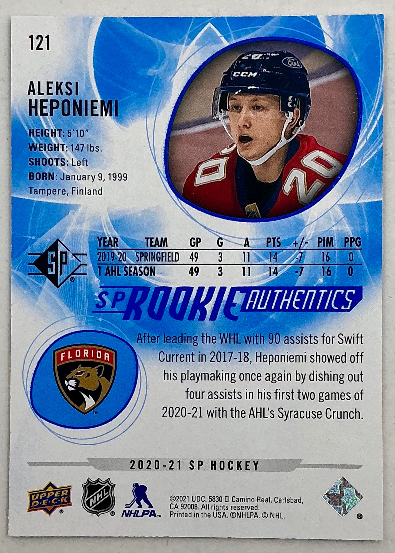 2020-2021 SP Rookie Authentic Aleksi Heponiemi #121 [Blue]