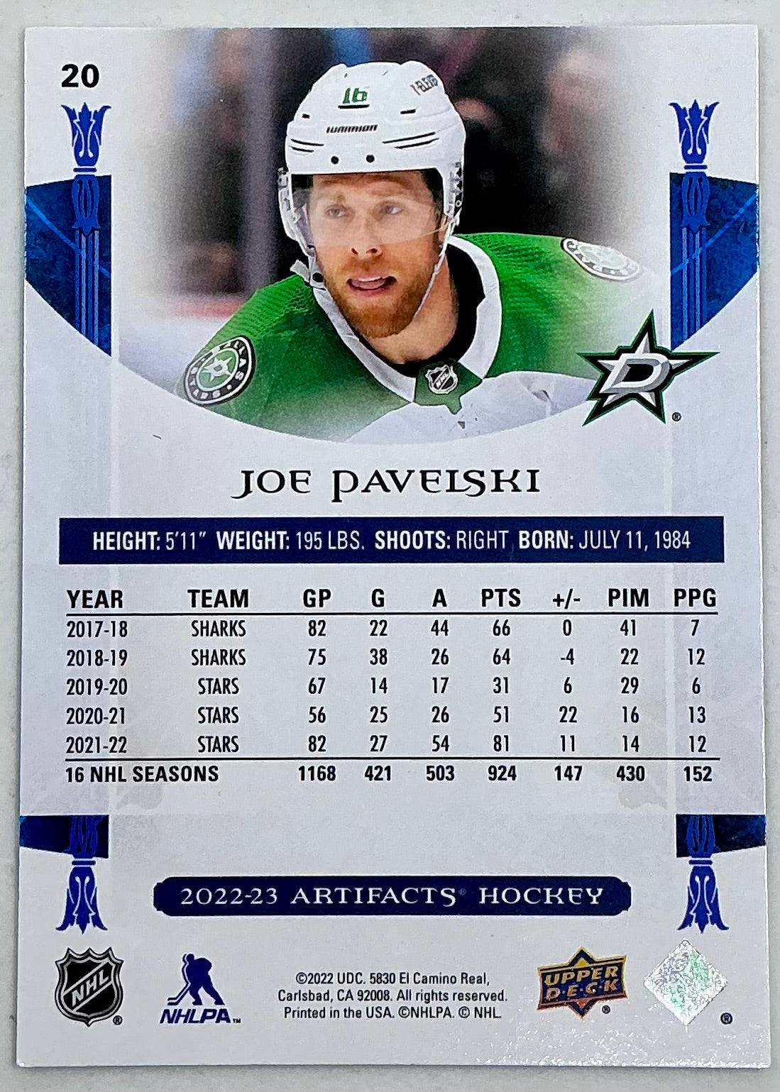 2022-2023 UD Artifacts Joe Pavelski #20