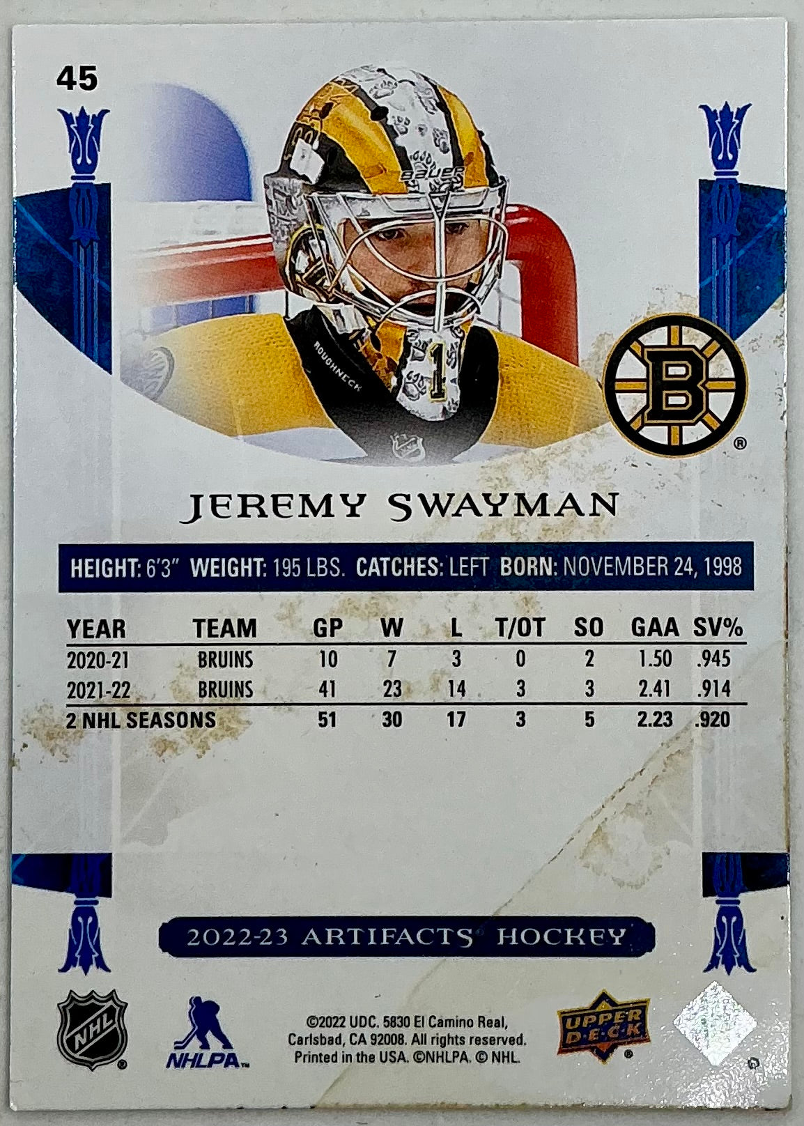 2022-2023 UD Artifacts Jeremy Swayman #45