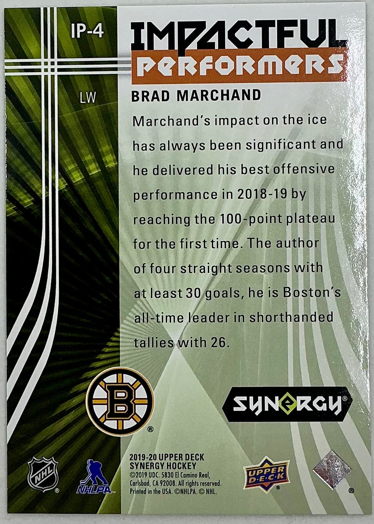 2019-2020 UD Impactful Performers Brad Marchand #IP-4