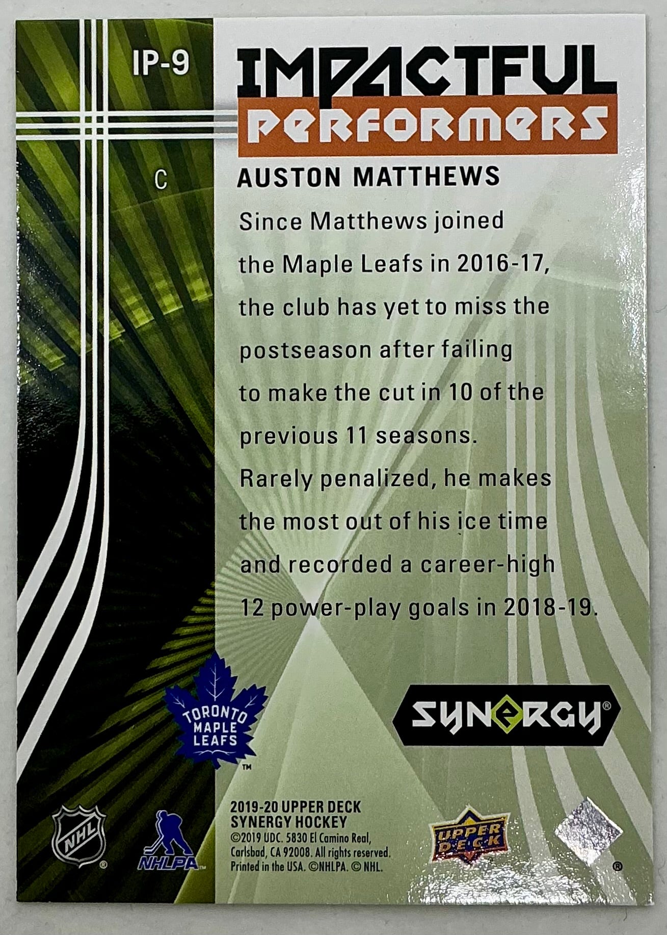 2019-2020 UD Impactful Performers Auston Matthews #IP-9