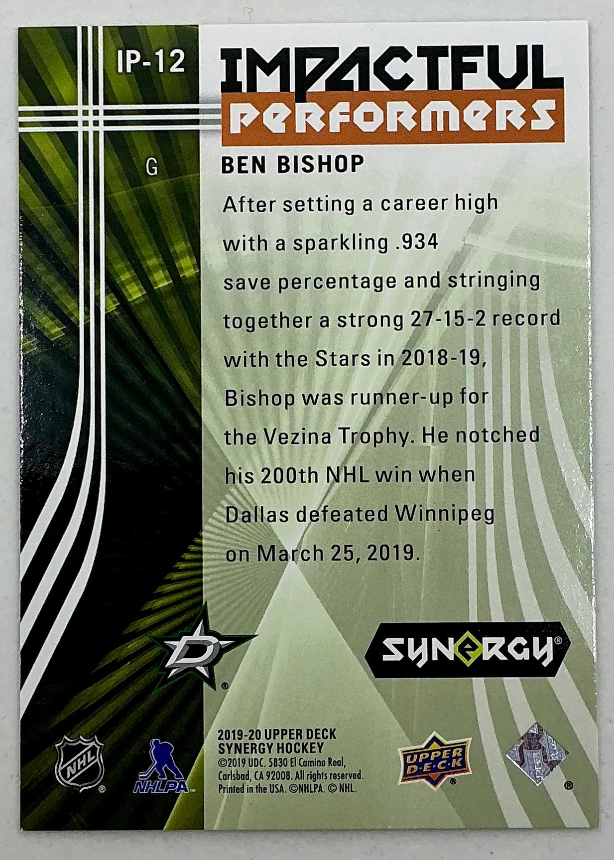 2019-2020 UD Impactful Performers Ben Bishop #IP-12