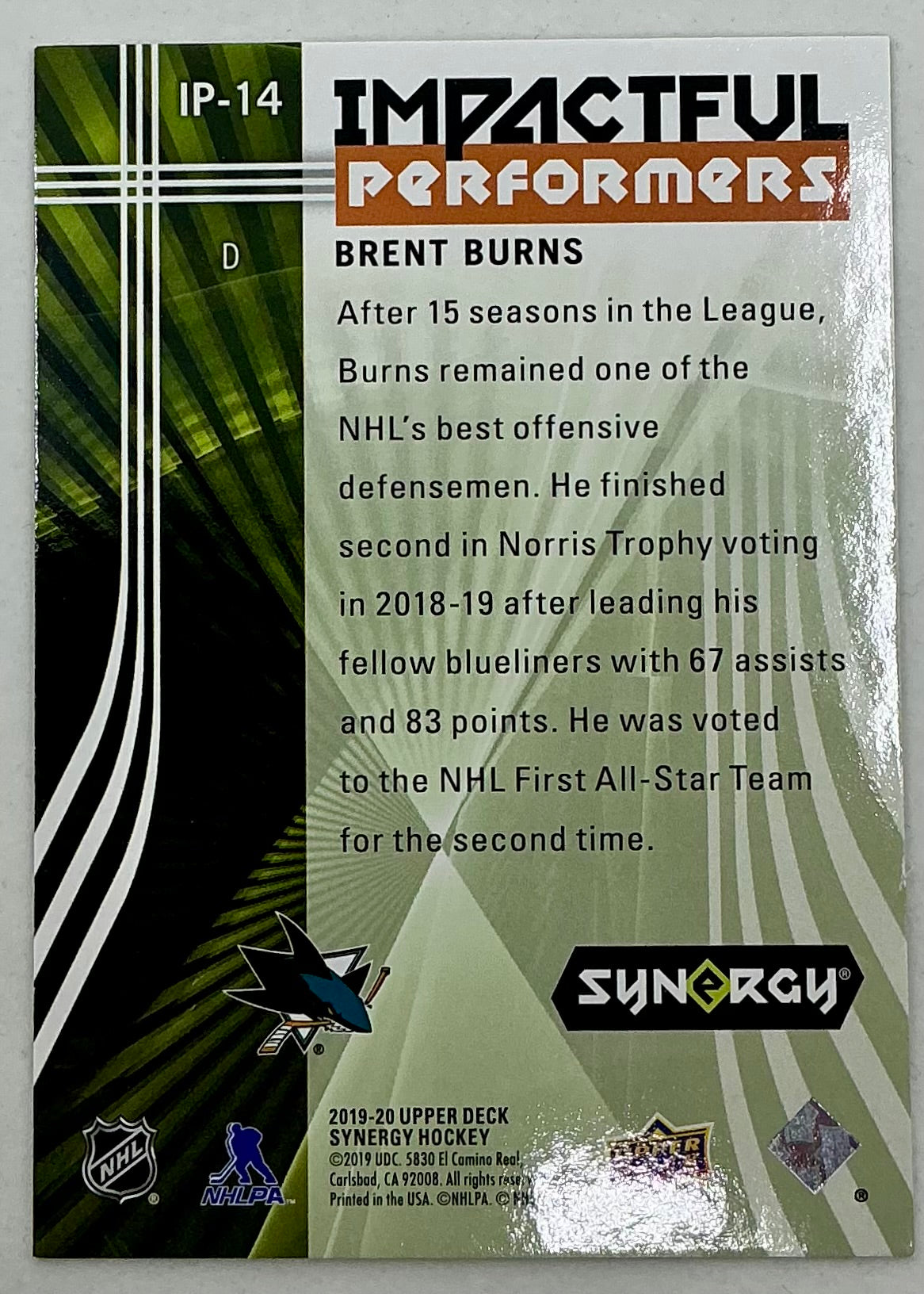 2019-2020 UD Impactful Performers Brent Burns #IP-14