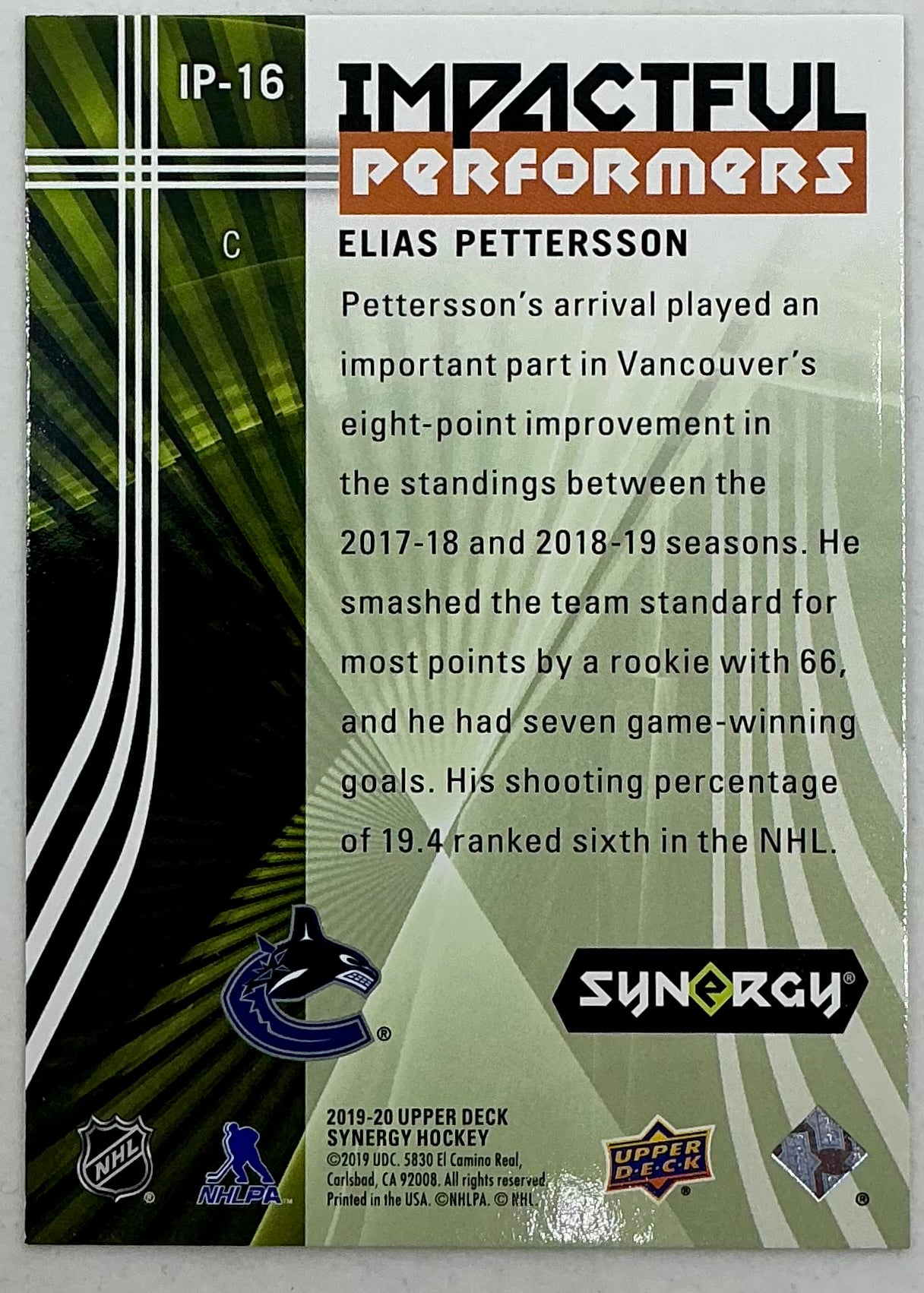 2019-2020 UD Impactful Performers Elias Pettersson #IP-16