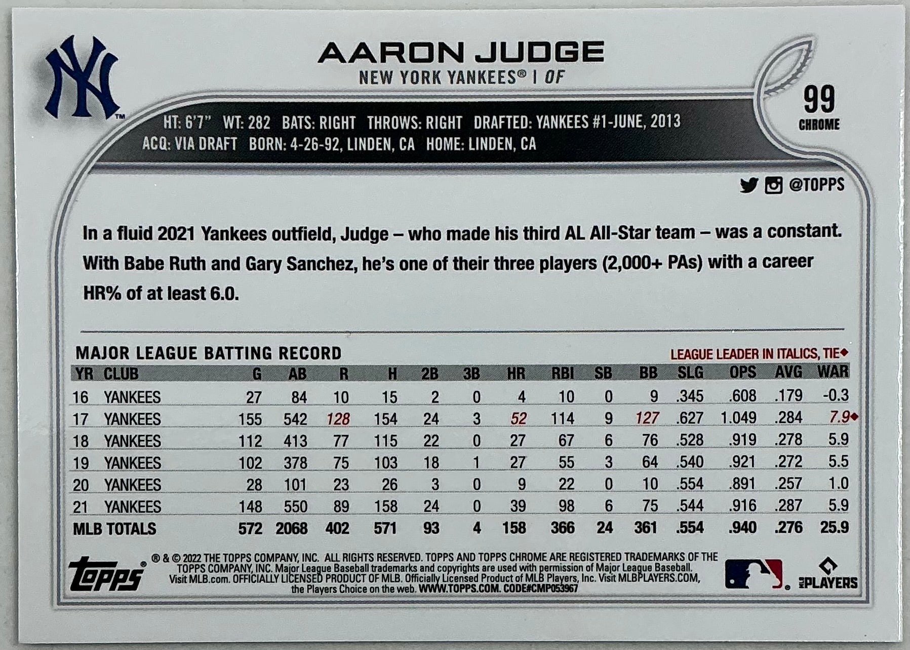 2022-2023 Topps Chrome Aaron Judge #99 [Sepia Refractor]