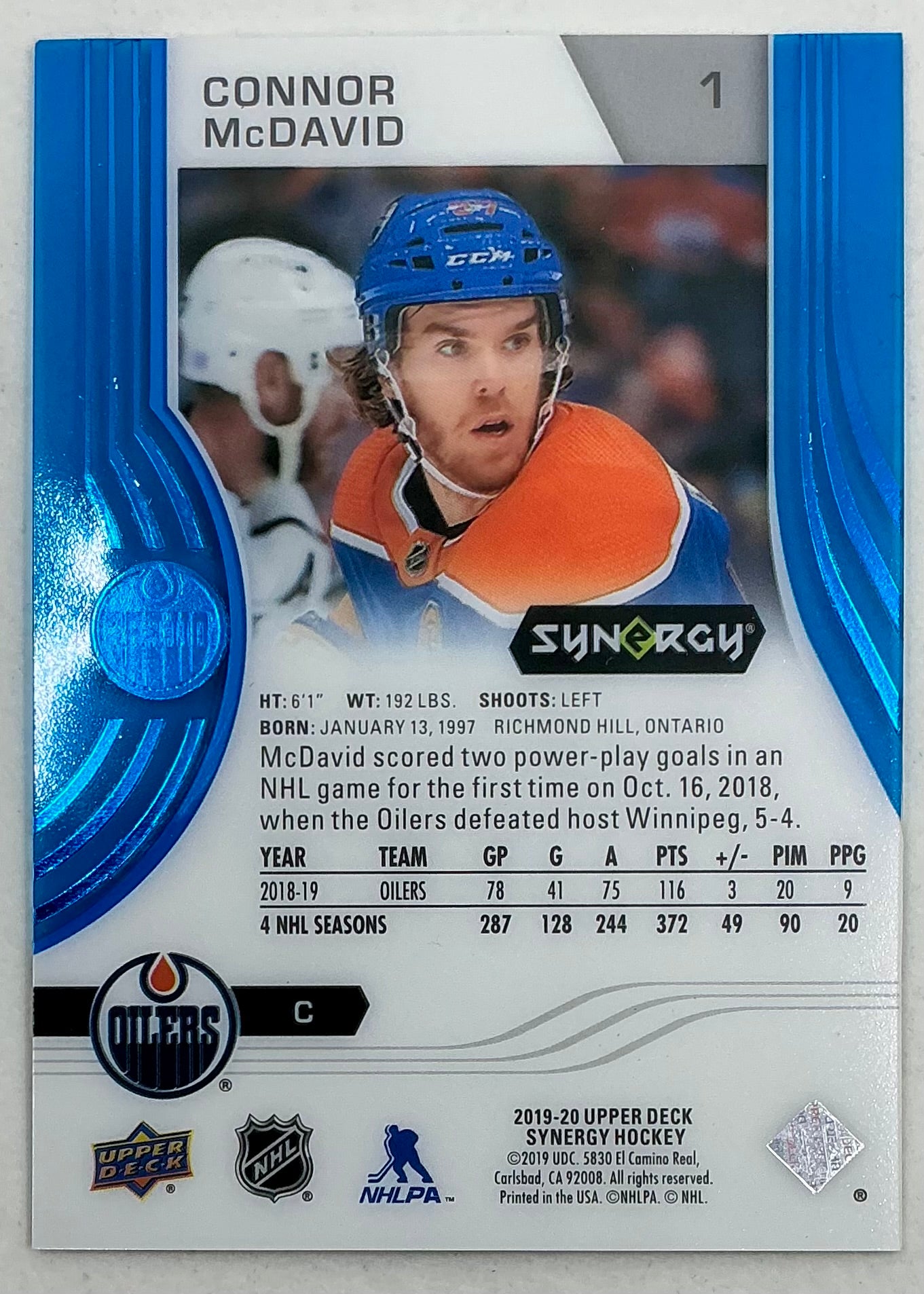 2019-2020 UD Synergy Parallel Connor McDavid #1 [Blue]