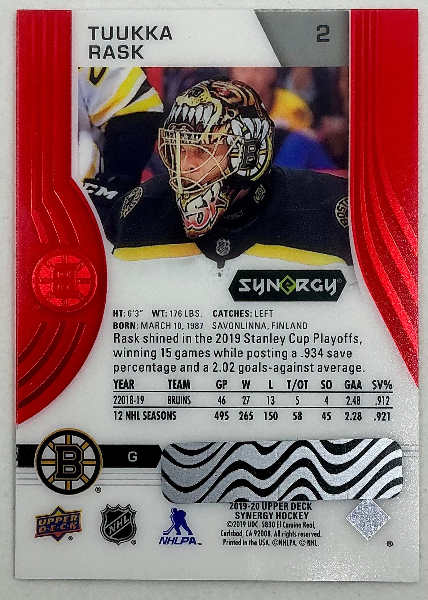 2019-2020 UD Synergy Parallel Tuukka Rask #2 [Red]