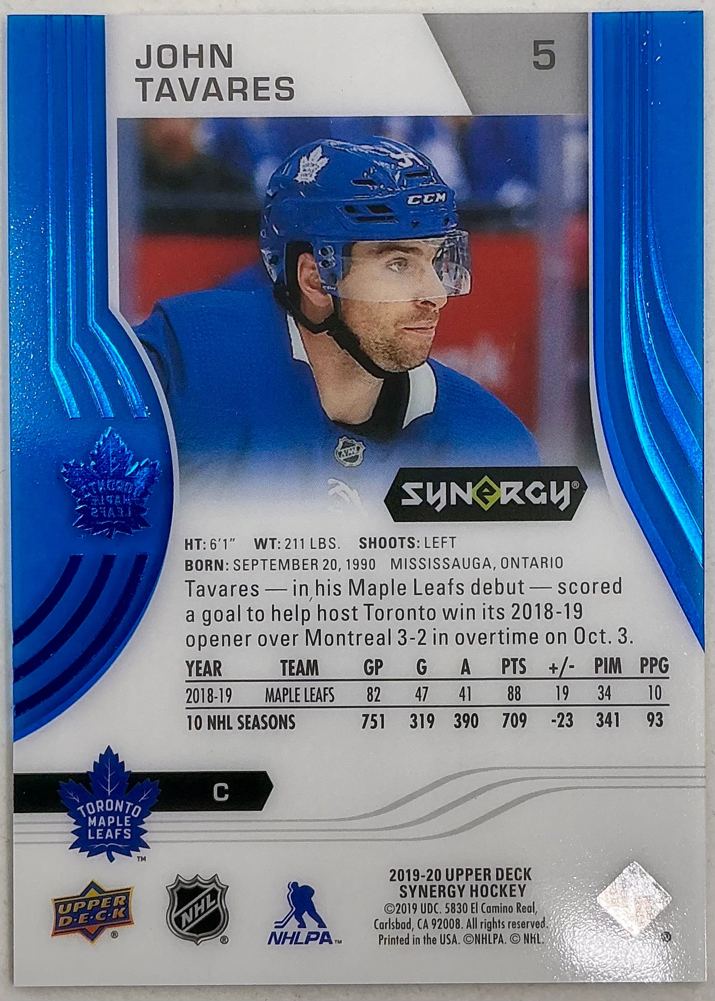2019-2020 UD Synergy Parallel John Tavares #5 [Blue]