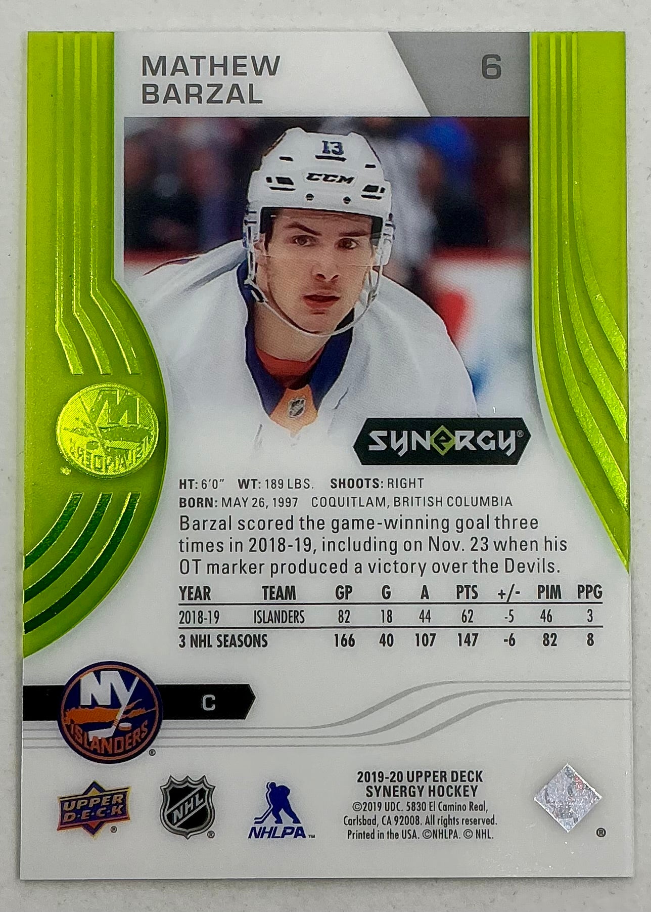 2019-2020 UD Synergy Parallel Mathew Barzal #6 [Green]