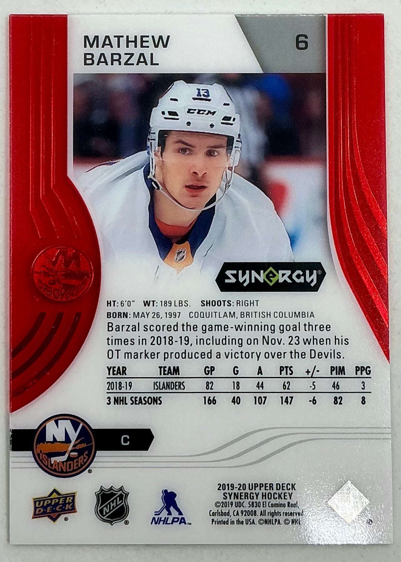 2019-2020 UD Synergy Parallel Mathew Barzal #6 [Red]
