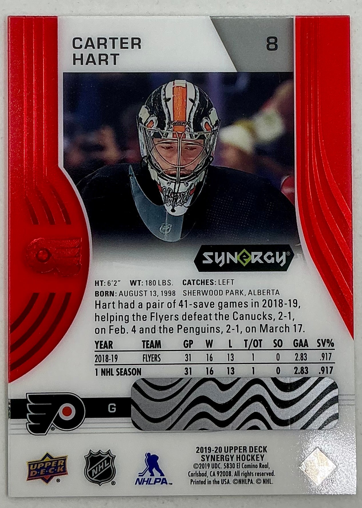 2019-2020 UD Synergy Parallel Carter Hart #8 [Red]