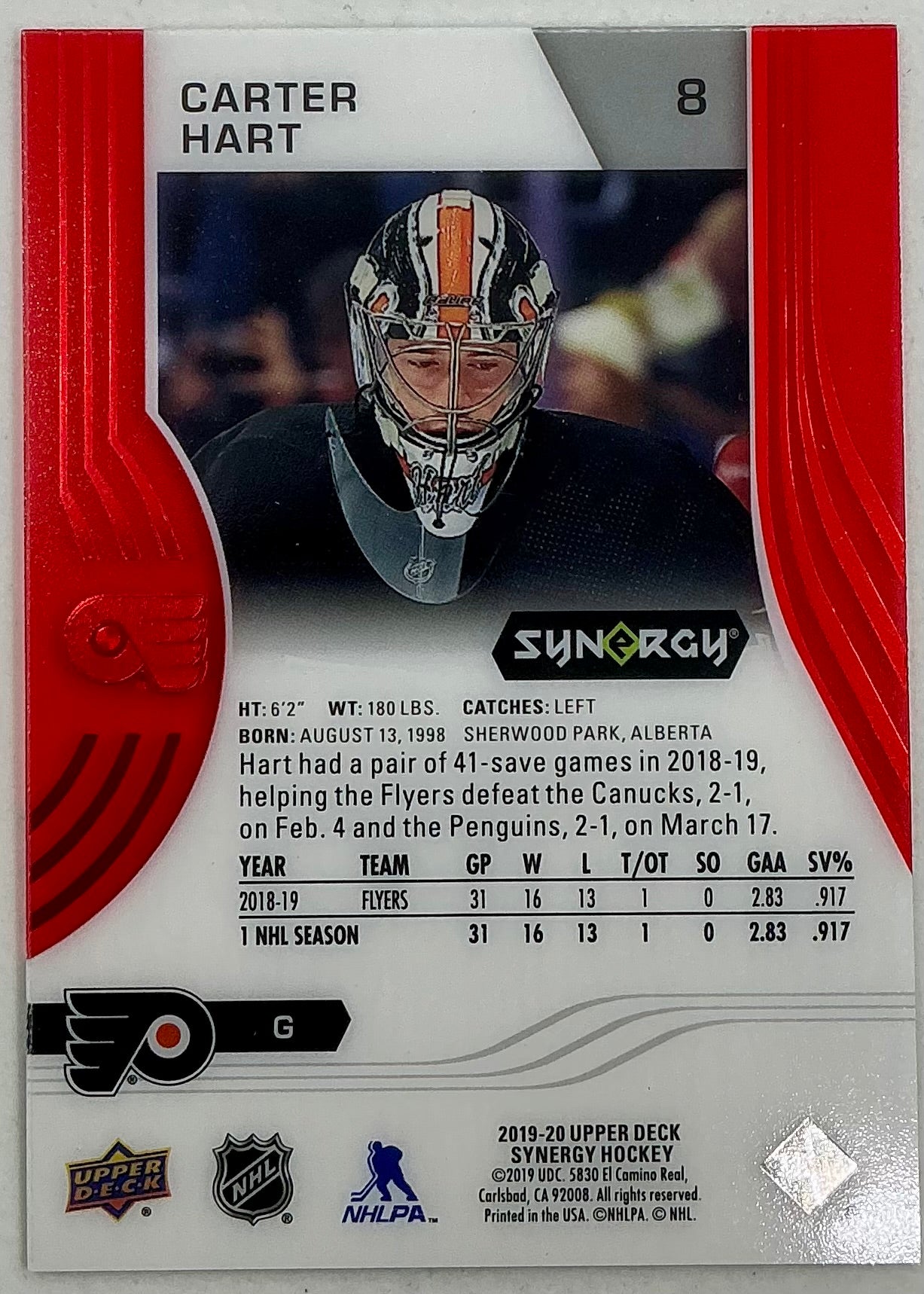 2019-2020 UD Synergy Parallel Carter Hart #8 [Red]