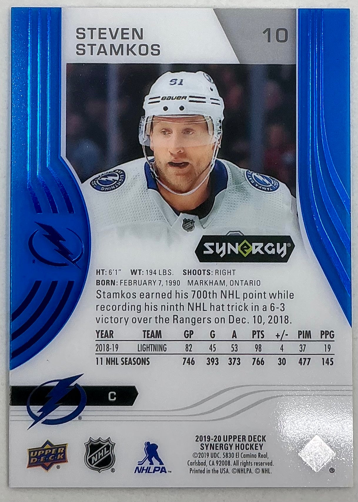 2019-2020 UD Synergy Parallel Steven Stamkos #10 [Blue]