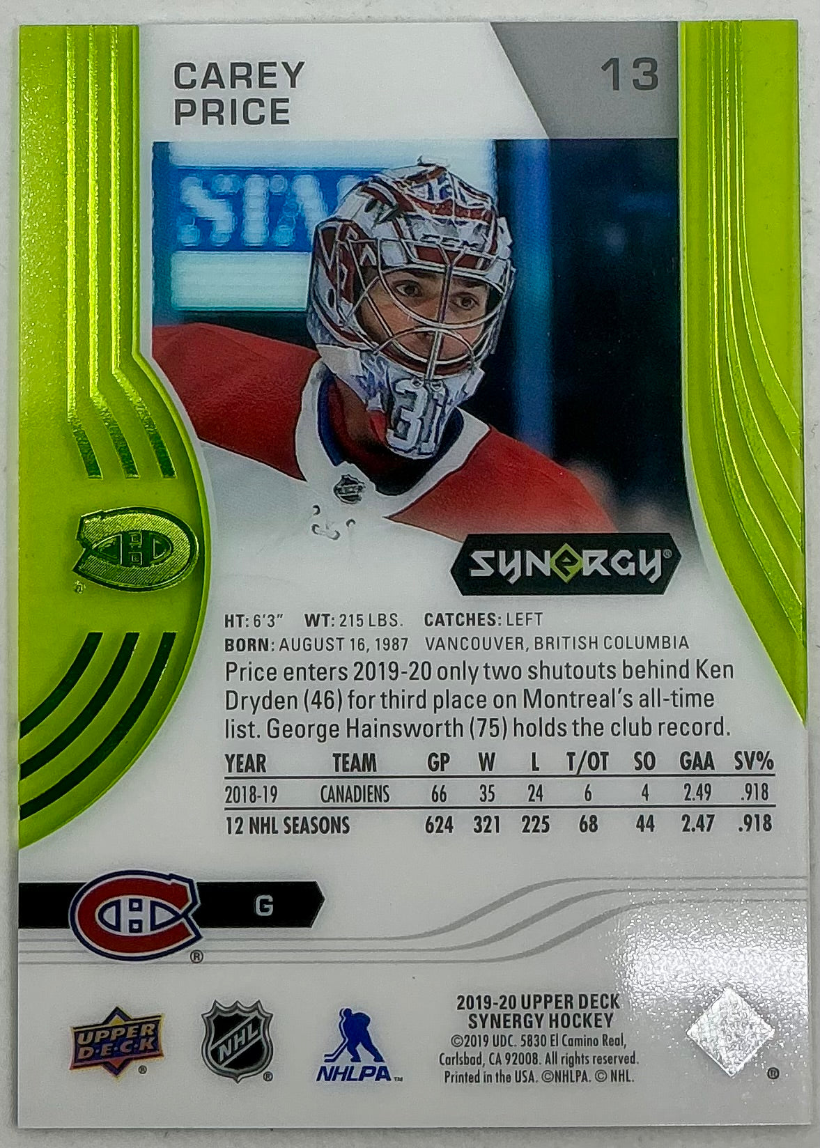 2019-2020 UD Synergy Parallel Carey Price #13 [Green]