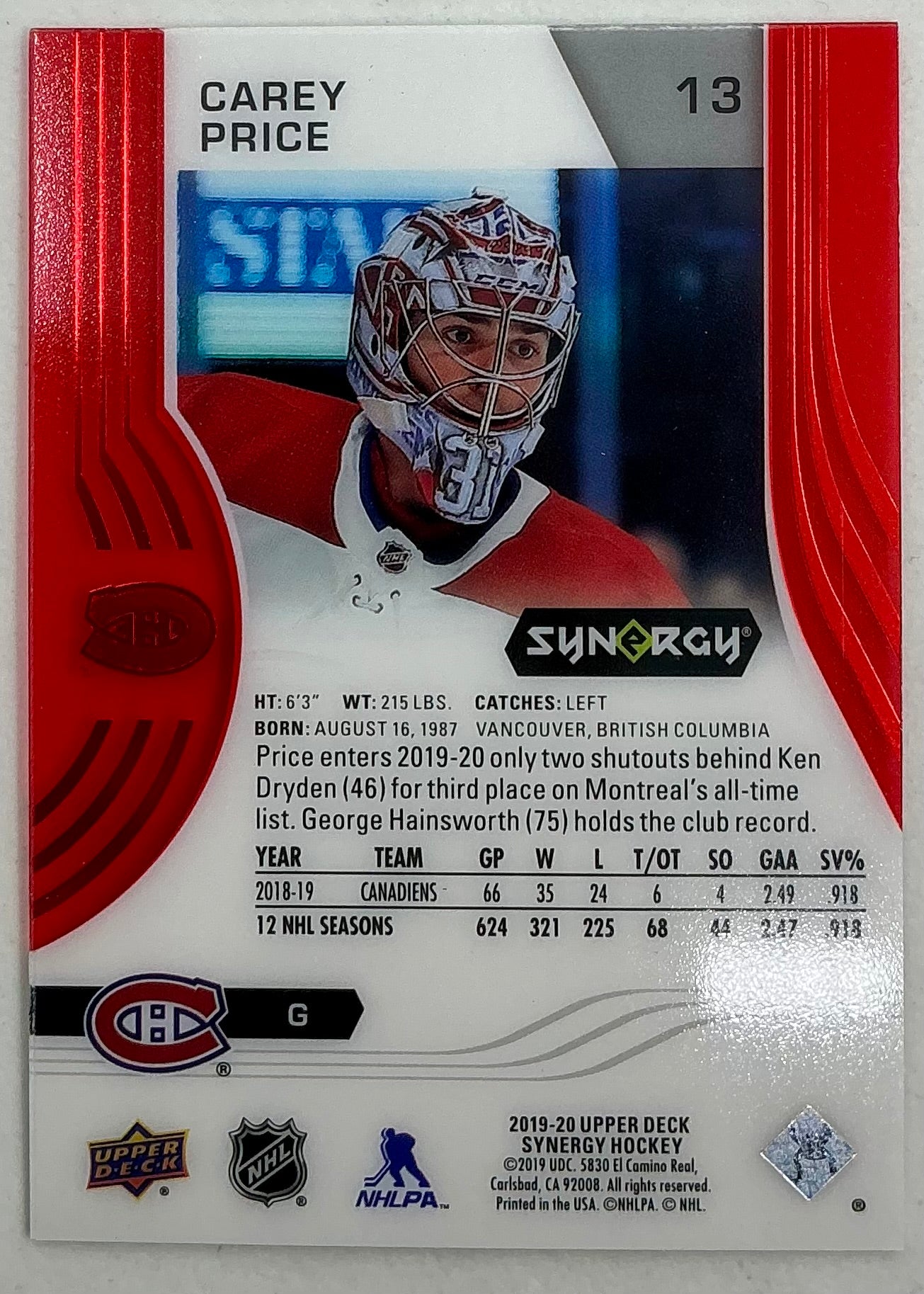 2019-2020 UD Synergy Parallel Carey Price #13 [Red]