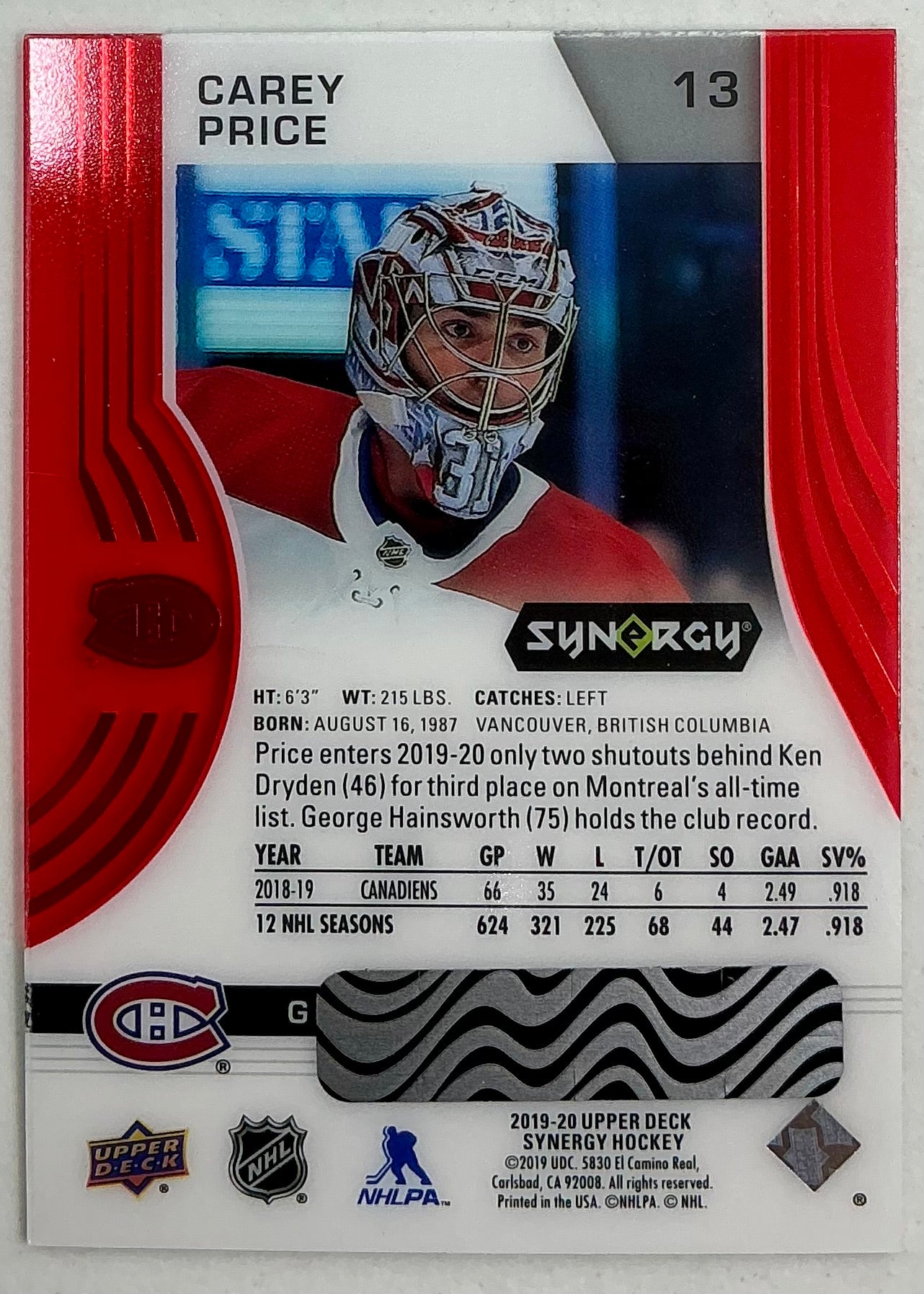 2019-2020 UD Synergy Parallel Carey Price #13 [Red]