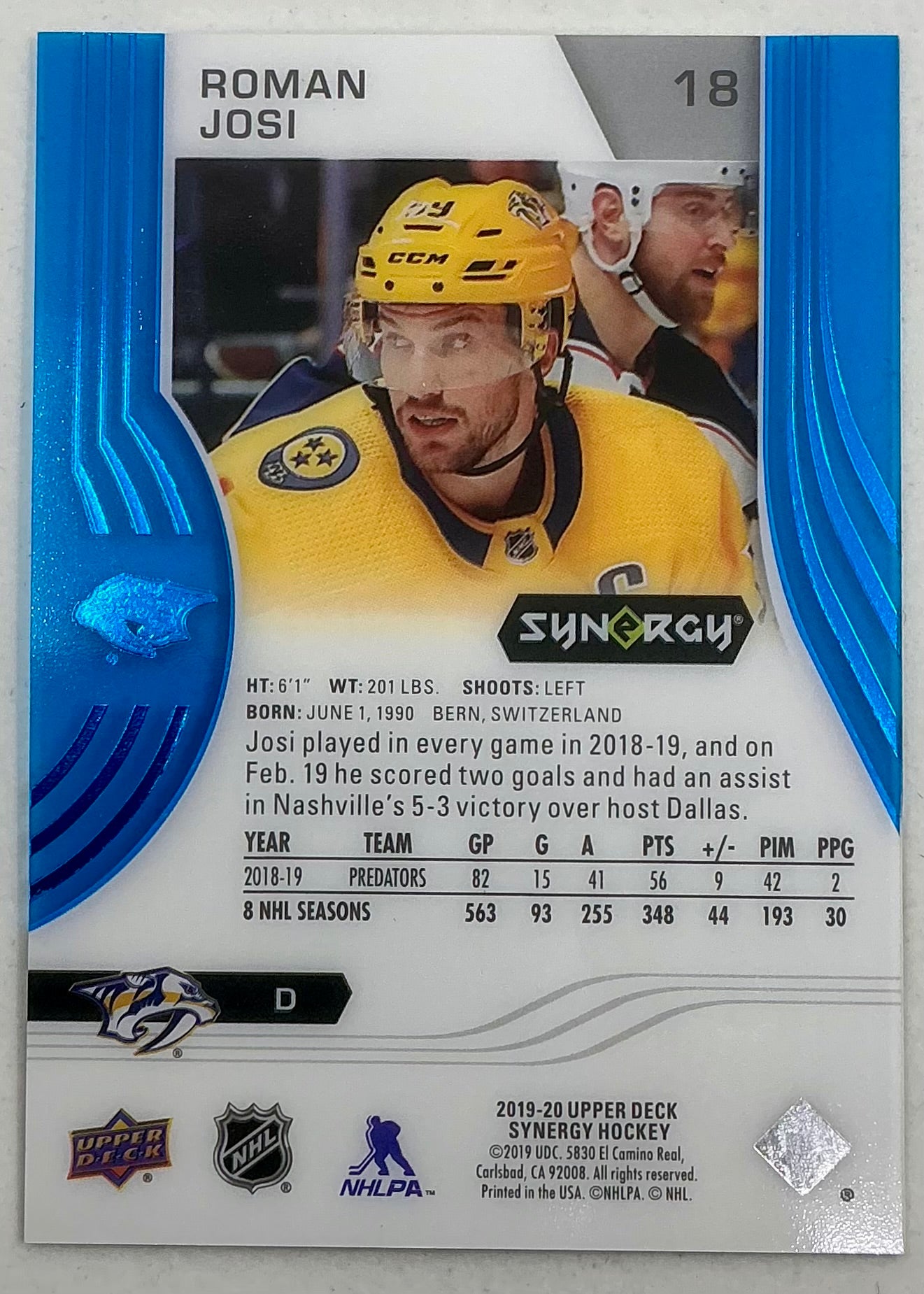 2019-2020 UD Synergy Parallel Roman Josi #18 [Blue]