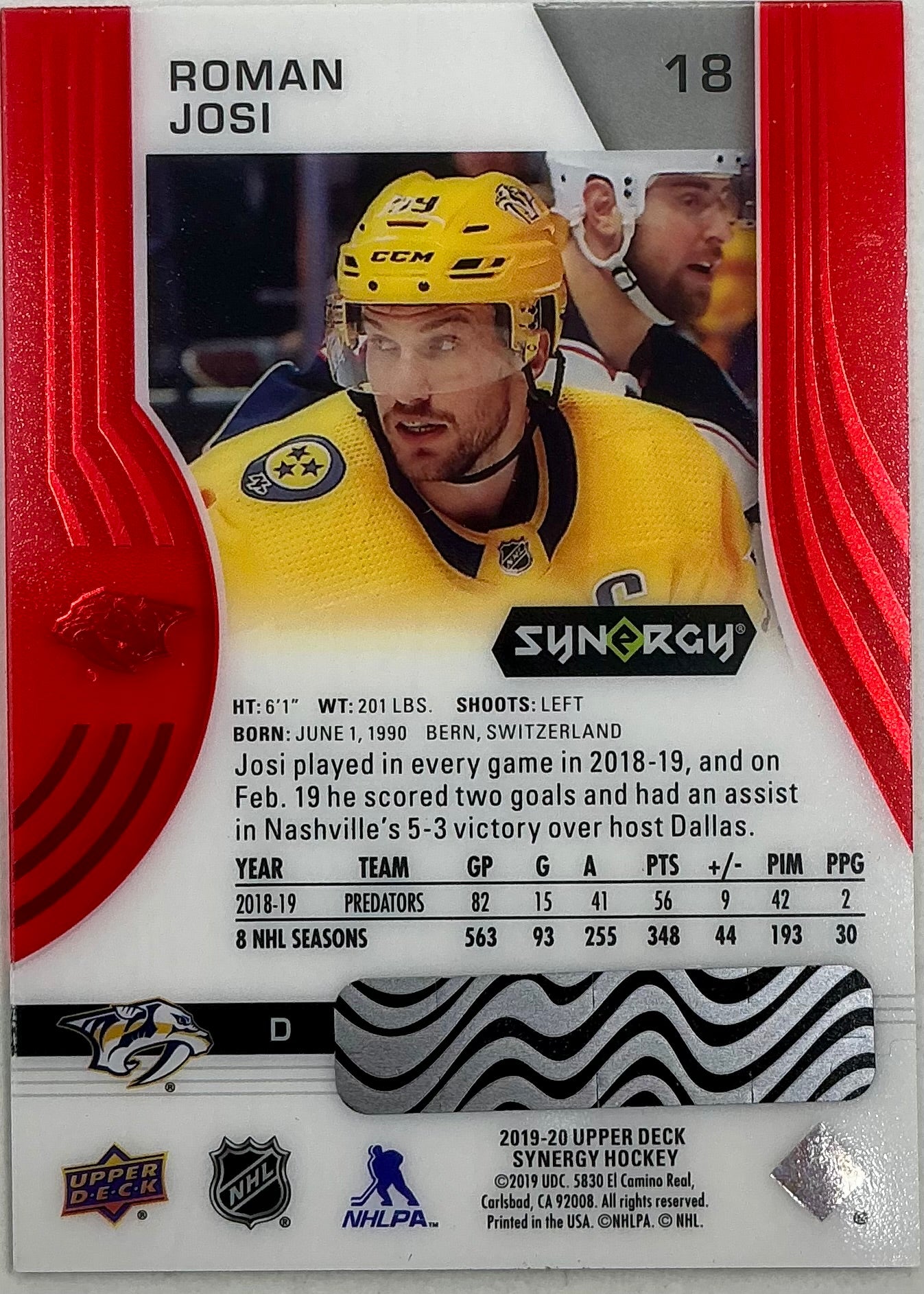 2019-2020 UD Synergy Parallel Roman Josi #18 [Red] Bounty