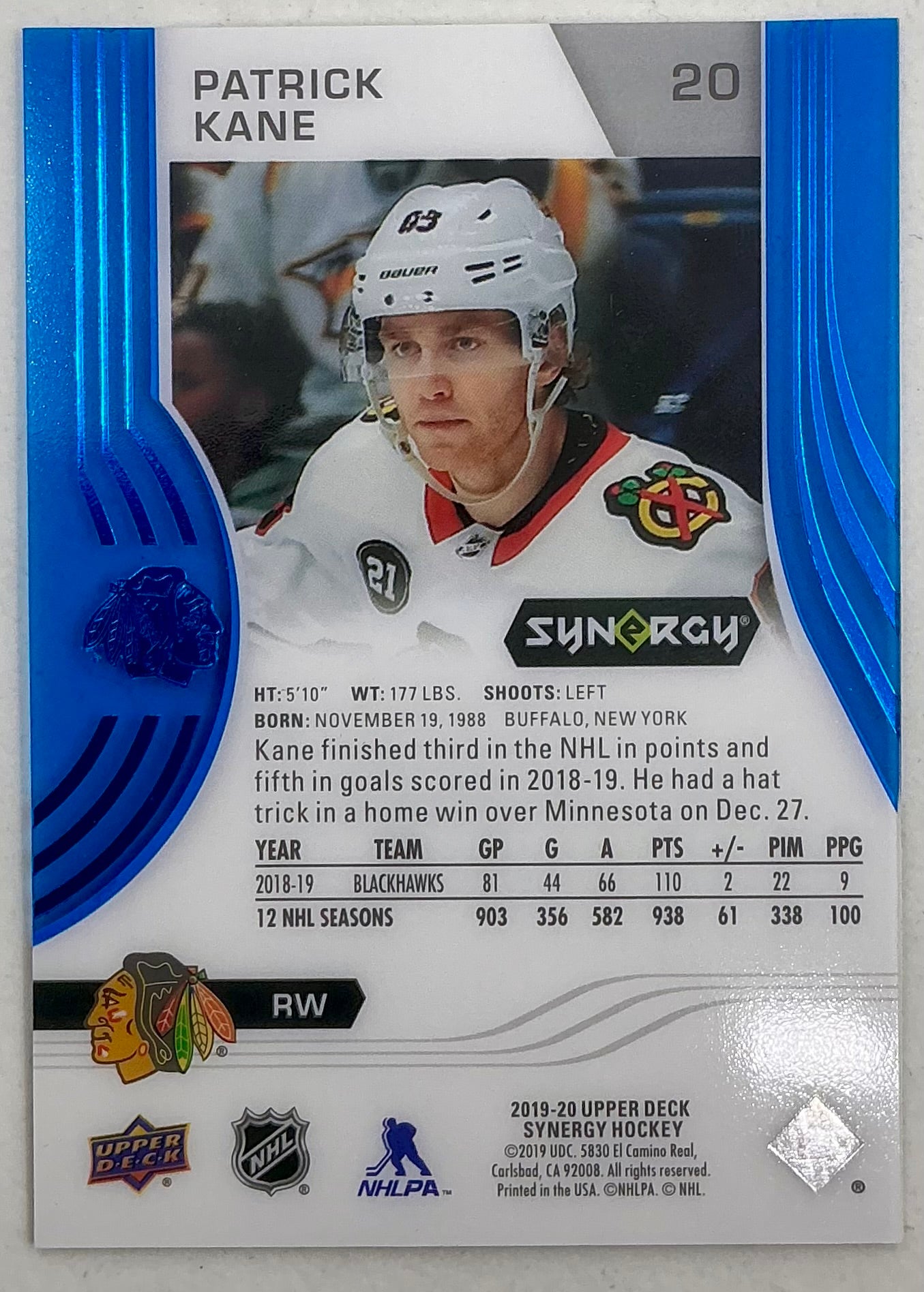 2019-2020 UD Synergy Parallel Patrick Kane #20 [Blue]