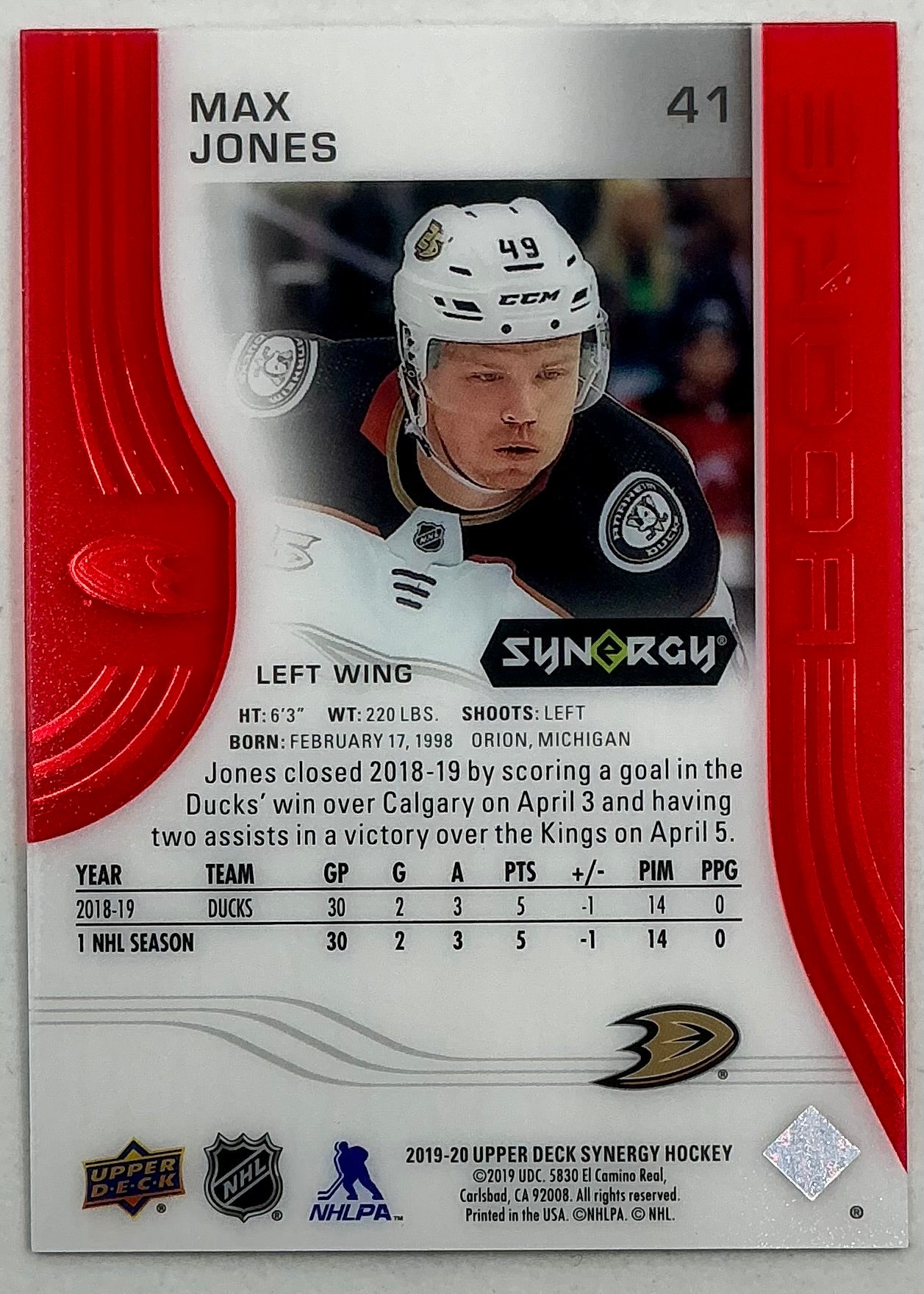 2019-2020 UD Synergy Parallel Rookie Max Jones #41 [Red]
