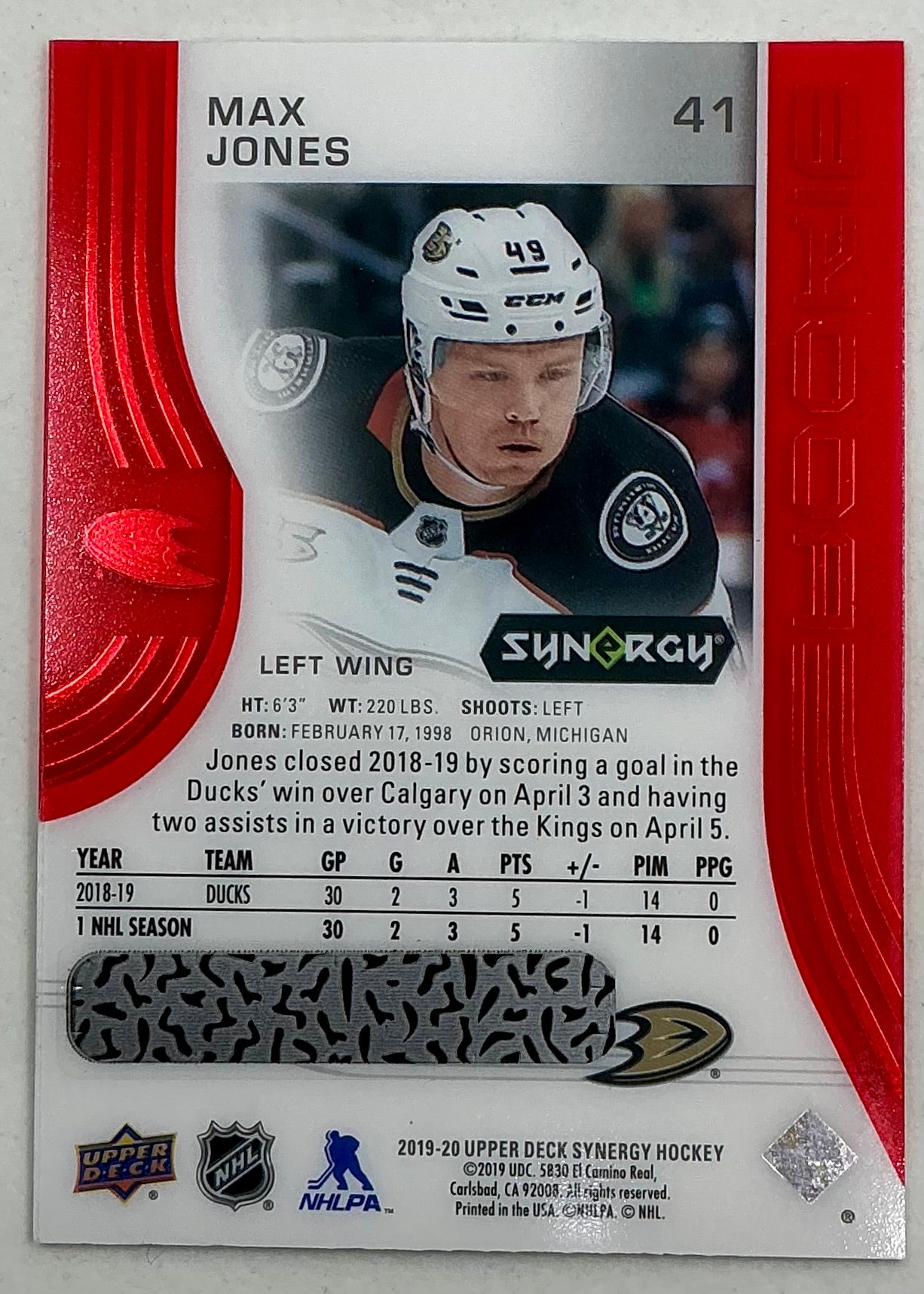 2019-2020 UD Synergy Parallel Rookie Max Jones #41 [Red]