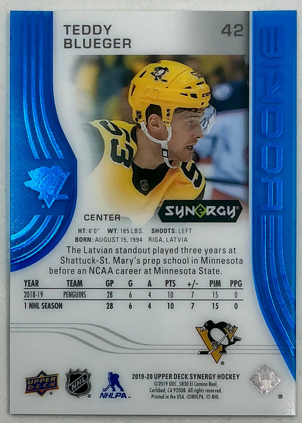 2019-2020 UD Synergy Parallel Rookie Teddy Blueger #42 [Blue] /799