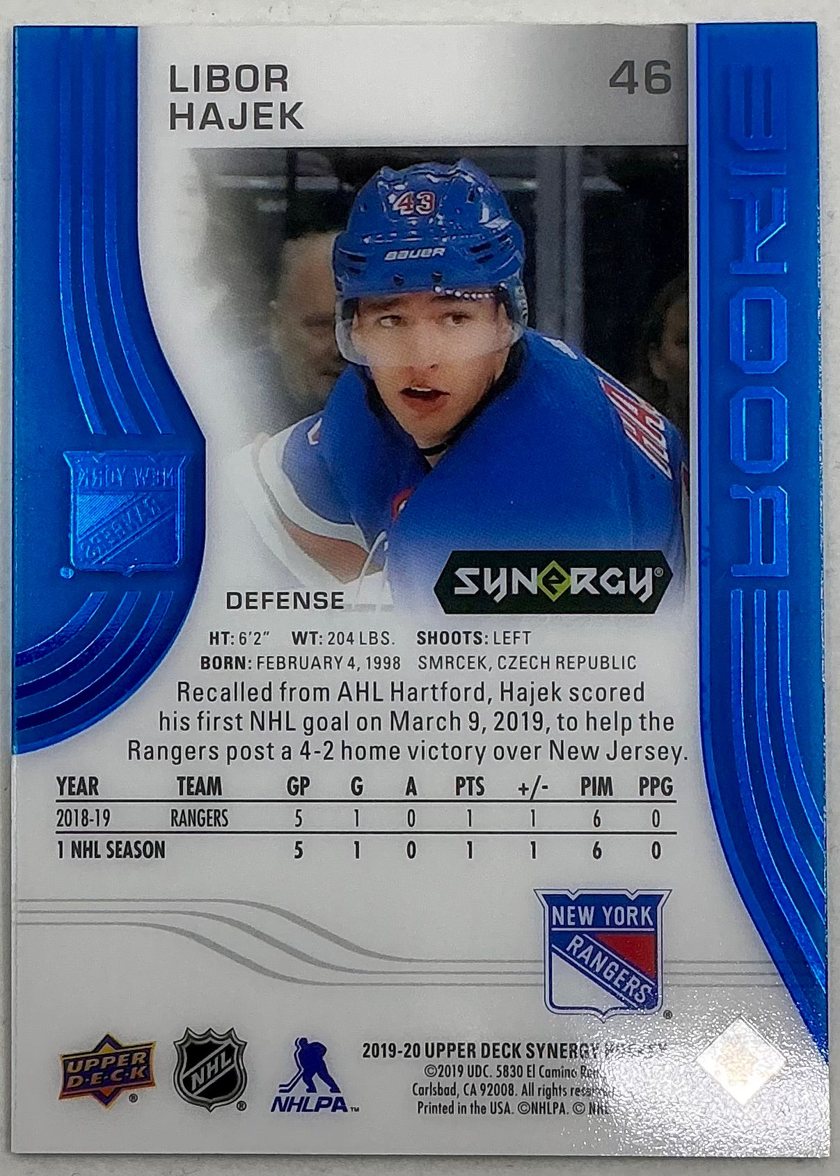 2019-2020 UD Synergy Parallel Rookie Libor Hajek #46 [Blue]