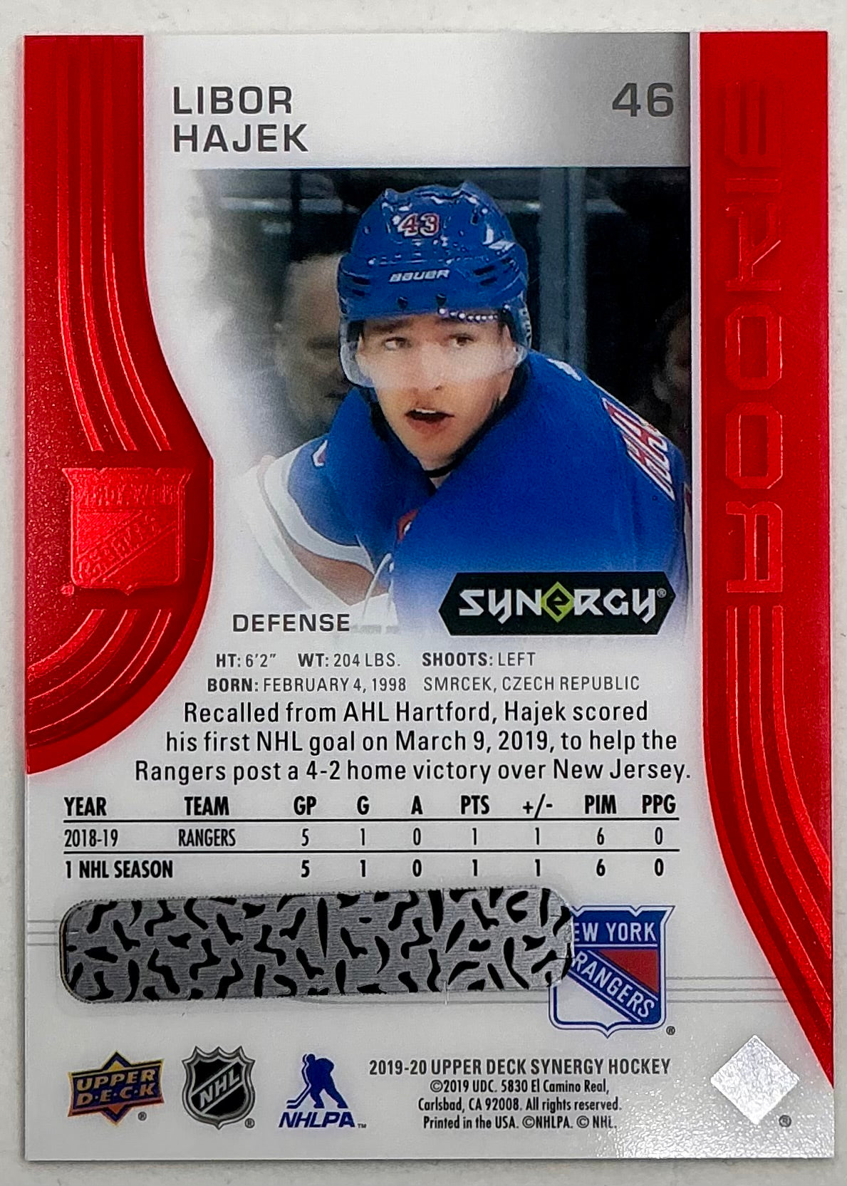 2019-2020 UD Synergy Parallel Rookie Libor Hajek #46 [Red] Bounty