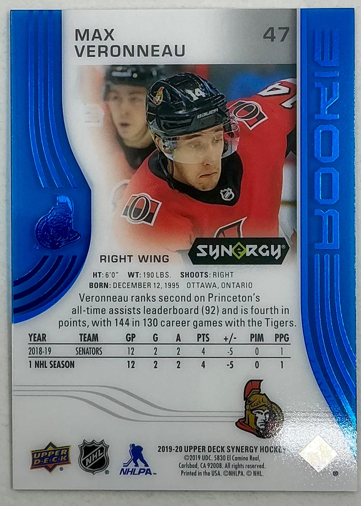 2019-2020 UD Synergy Parallel Rookie Max Veronneau #47 [Blue]
