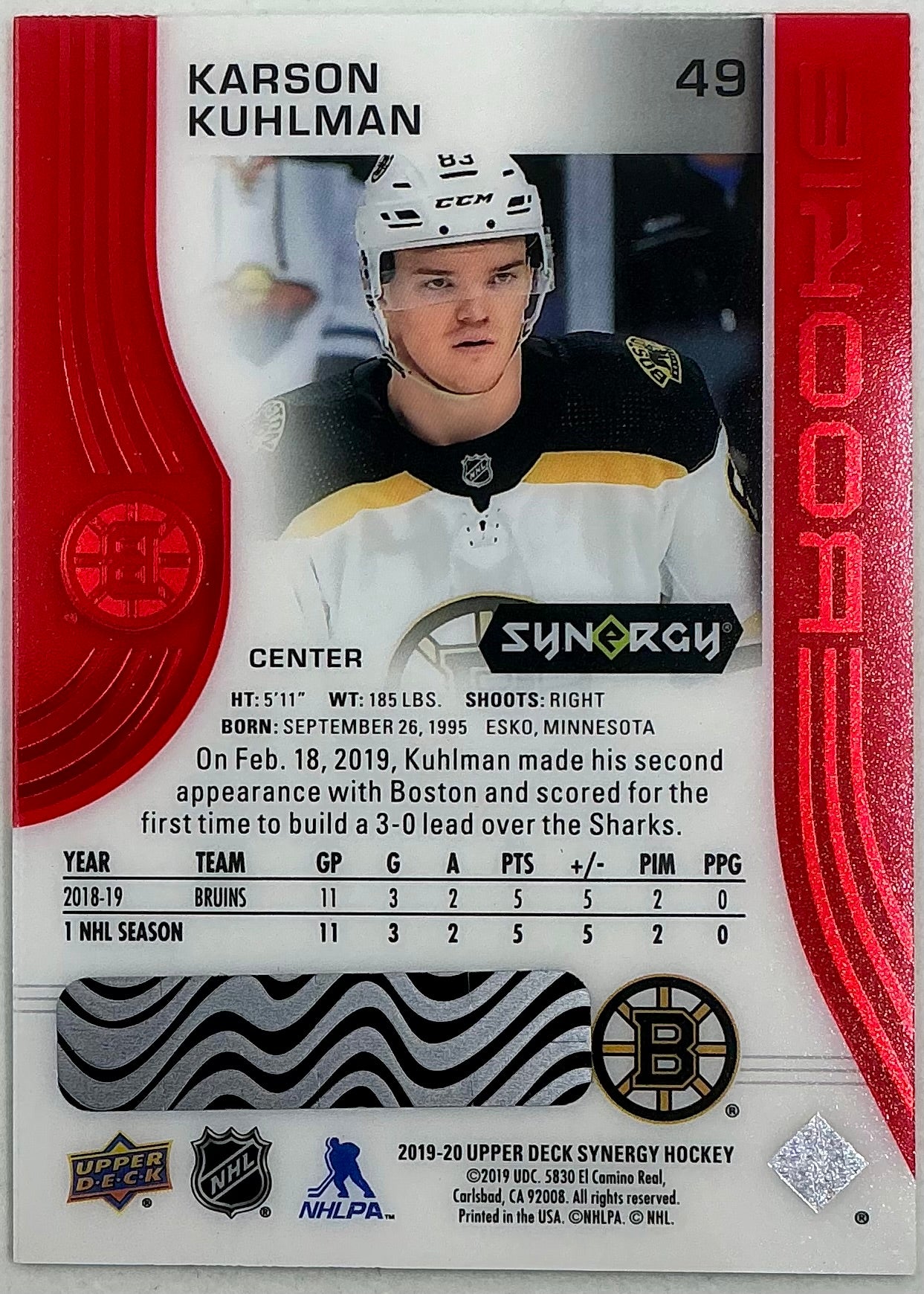 2019-2020 UD Synergy Parallel Rookie Karson Kuhlman #49 [Red] Bounty