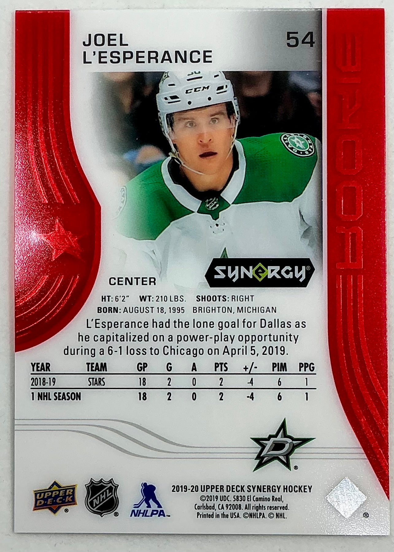 2019-2020 UD Synergy Parallel Rookie Joel L’esperance #54 [Red]