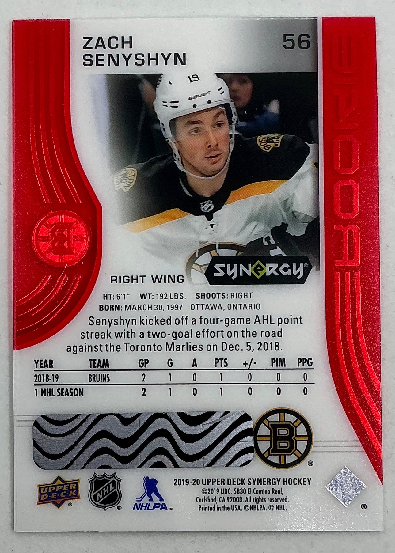 2019-2020 UD Synergy Parallel Rookie Zach Senyshyn #56 [Red]
