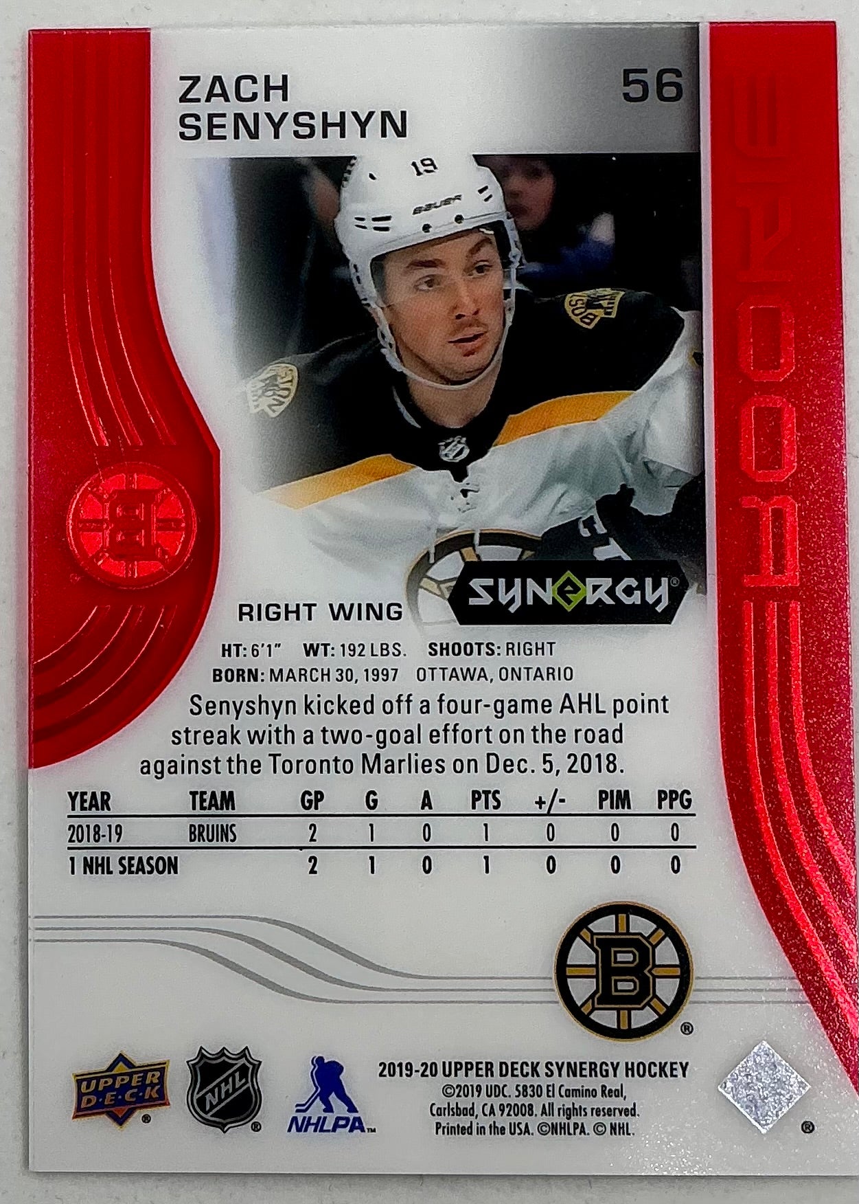 2019-2020 UD Synergy Parallel Rookie Zach Senyshyn #56 [Red]