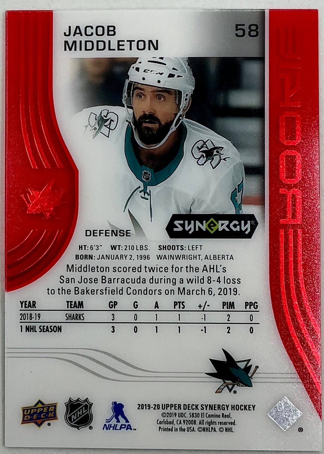 2019-2020 UD Synergy Parallel Rookie Jacob Middleton #58 [Red] Bounty