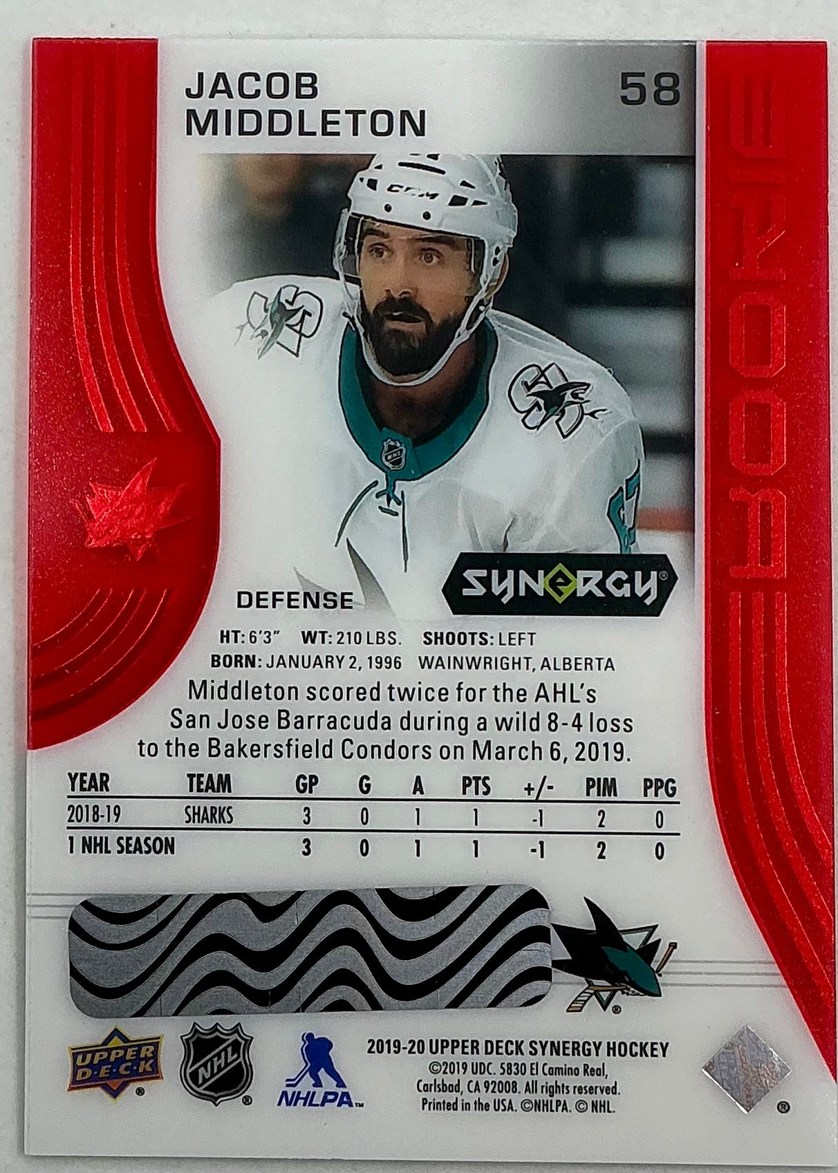 2019-2020 UD Synergy Parallel Rookie Jacob Middleton #58 [Red] Bounty