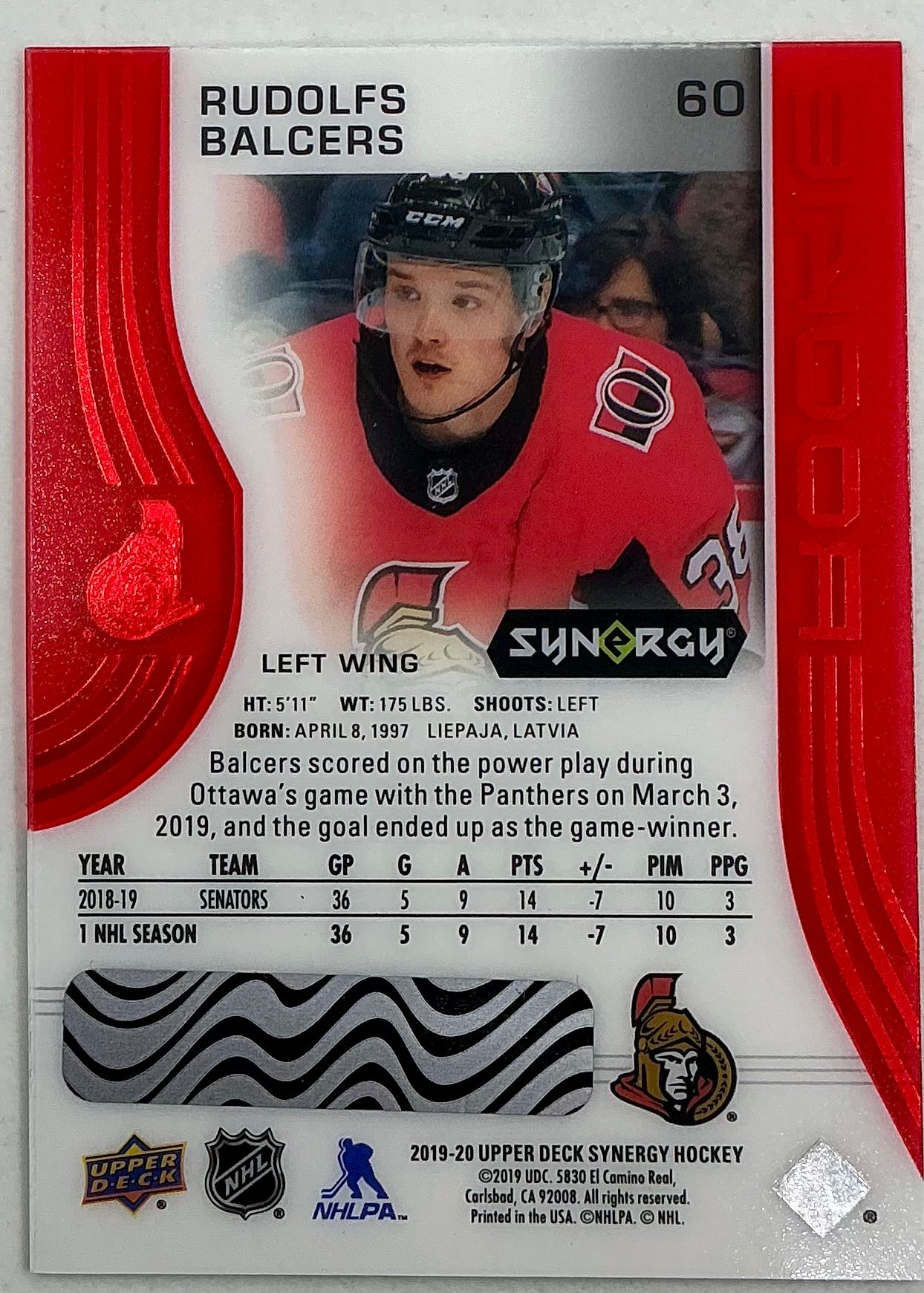 2019-2020 UD Synergy Parallel Rookie Rudolfs Balcers #60 [Red] Bounty