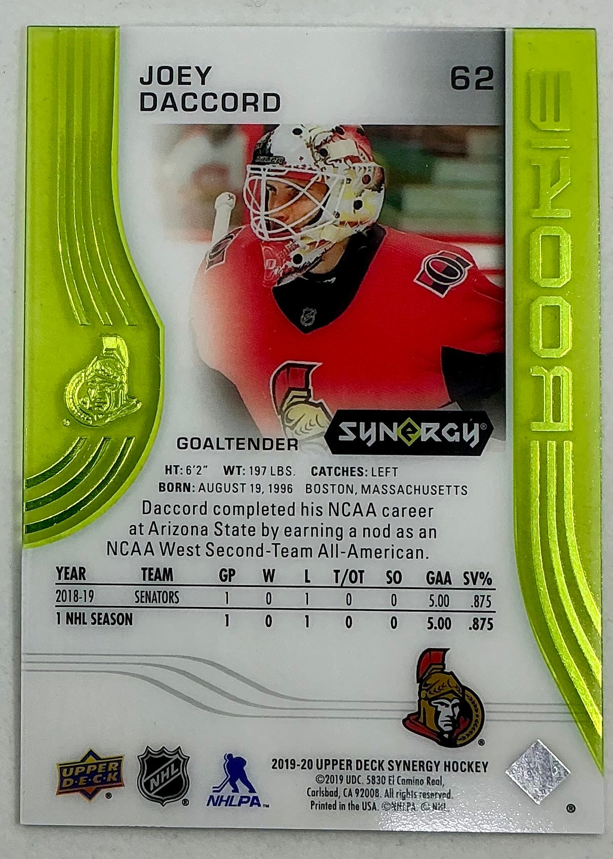 2019-2020 UD Synergy Parallel Rookie Joey Daccord #62 [Green] /199