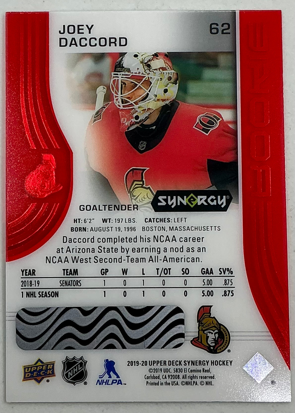 2019-2020 UD Synergy Parallel Rookie Joey Daccord #62 [Red]