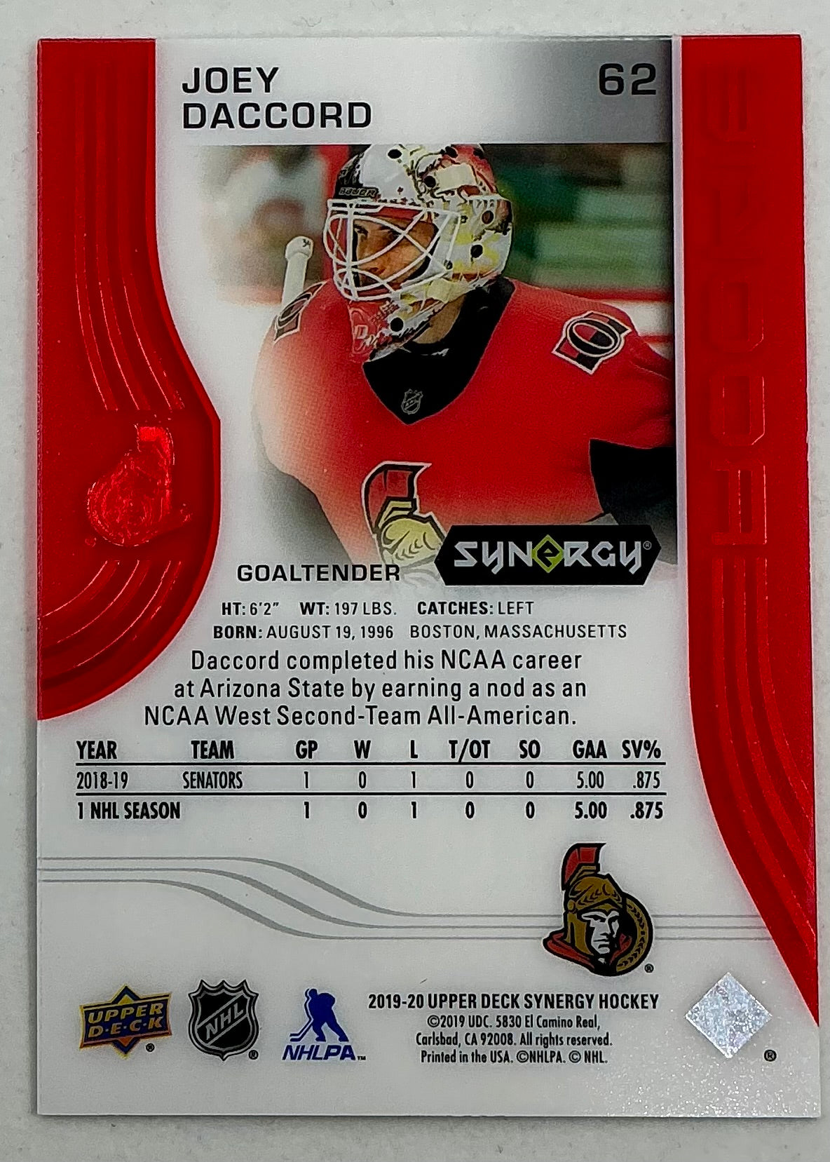 2019-2020 UD Synergy Parallel Rookie Joey Daccord #62 [Red]