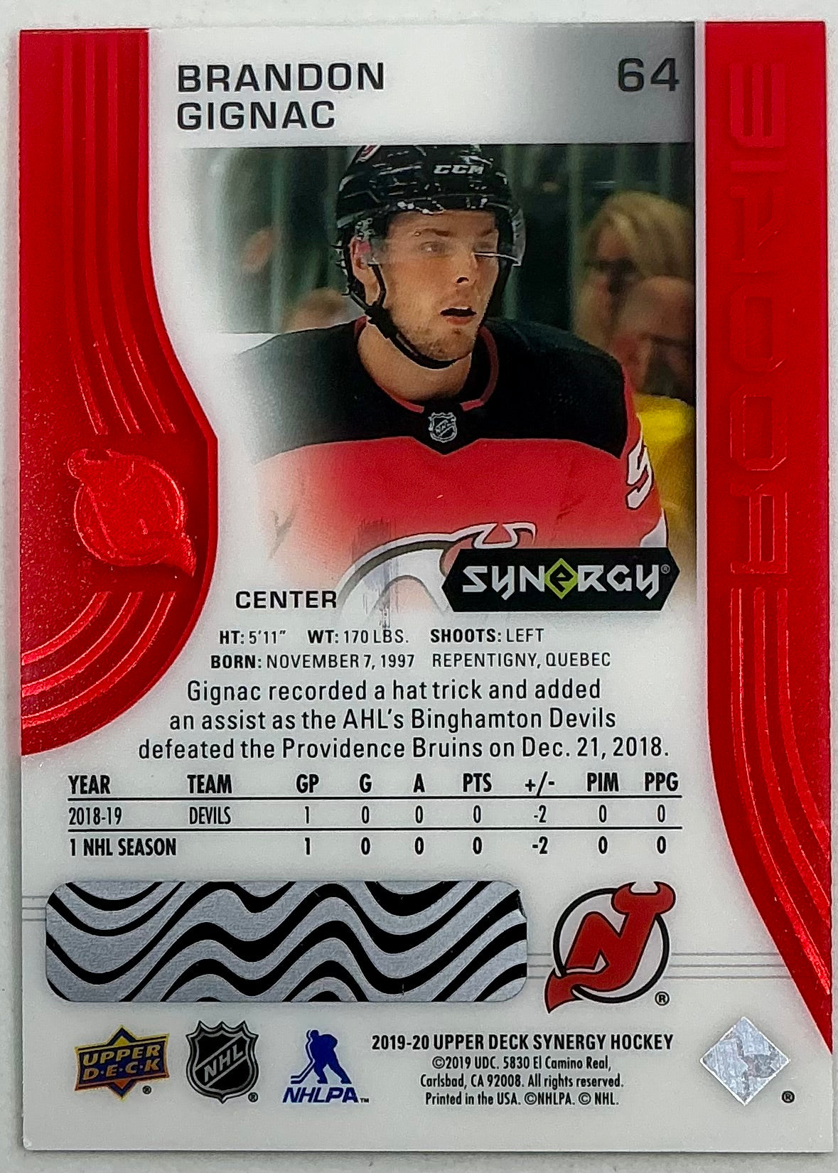 2019-2020 UD Synergy Parallel Rookie Brandon Gignac #64 [Red]