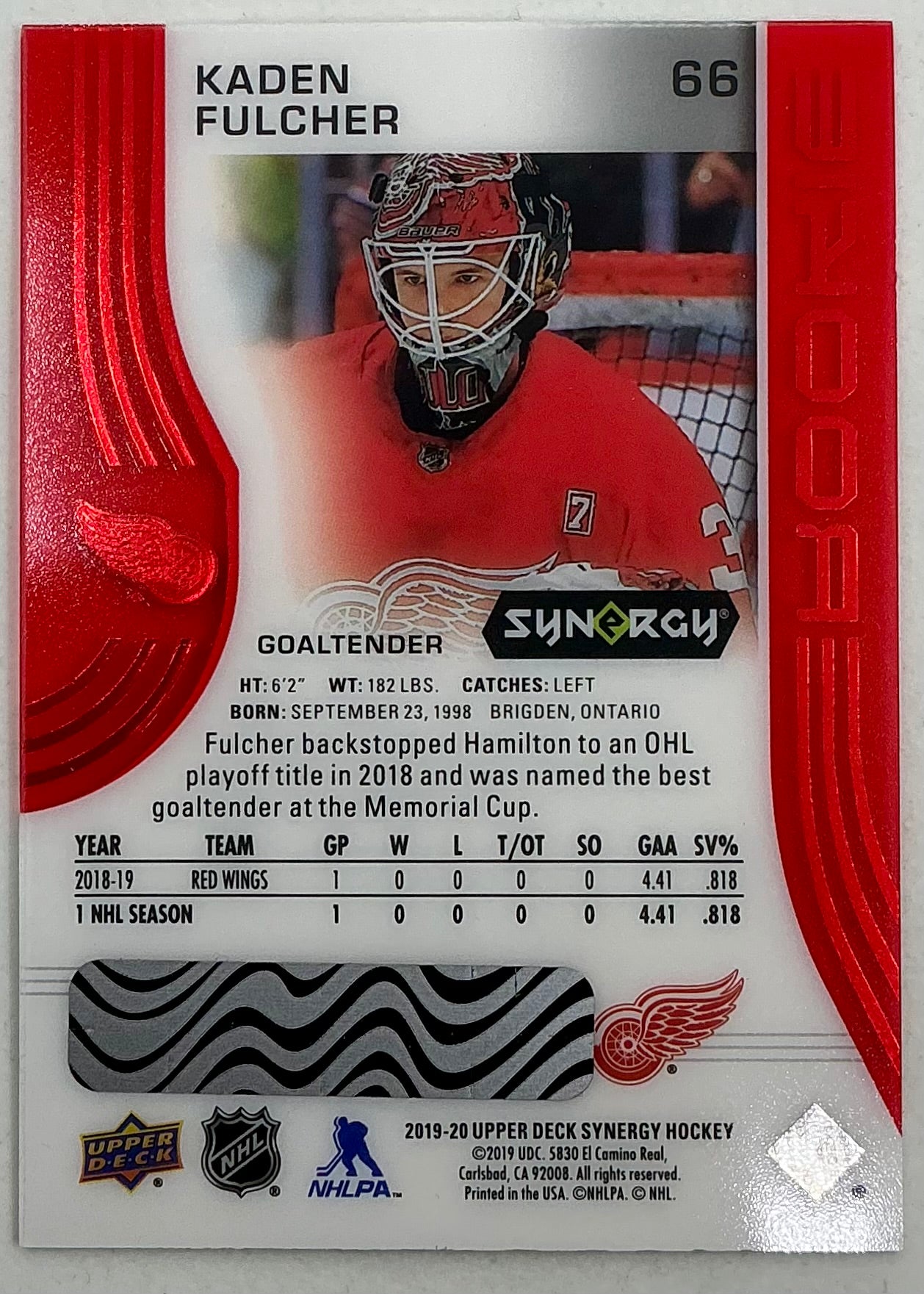 2019-2020 UD Synergy Parallel Rookie Kaden Fulcher #66 [Red] Bounty