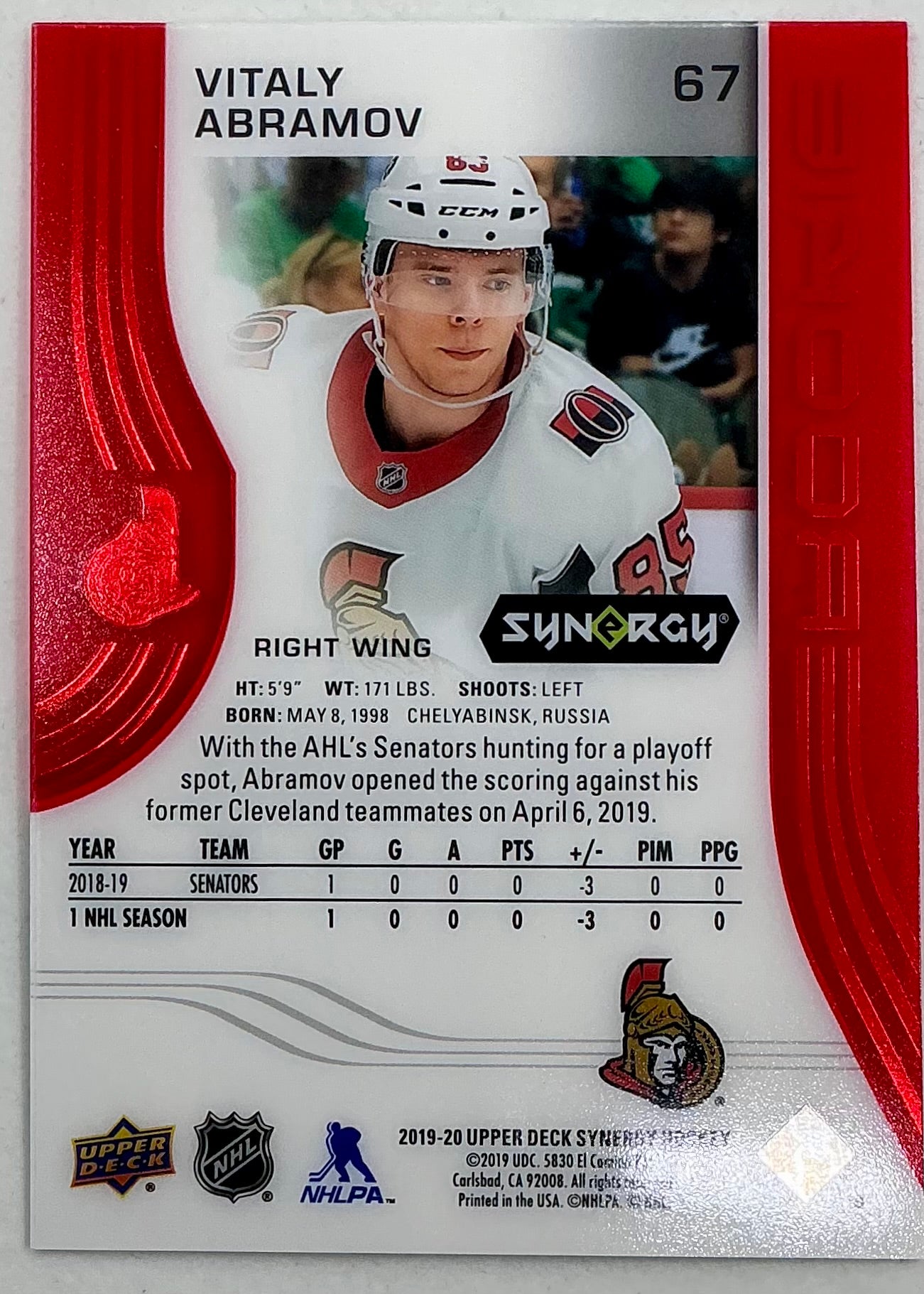 2019-2020 UD Synergy Parallel Rookie Vitaly Abramov #67 [Red] Bounty